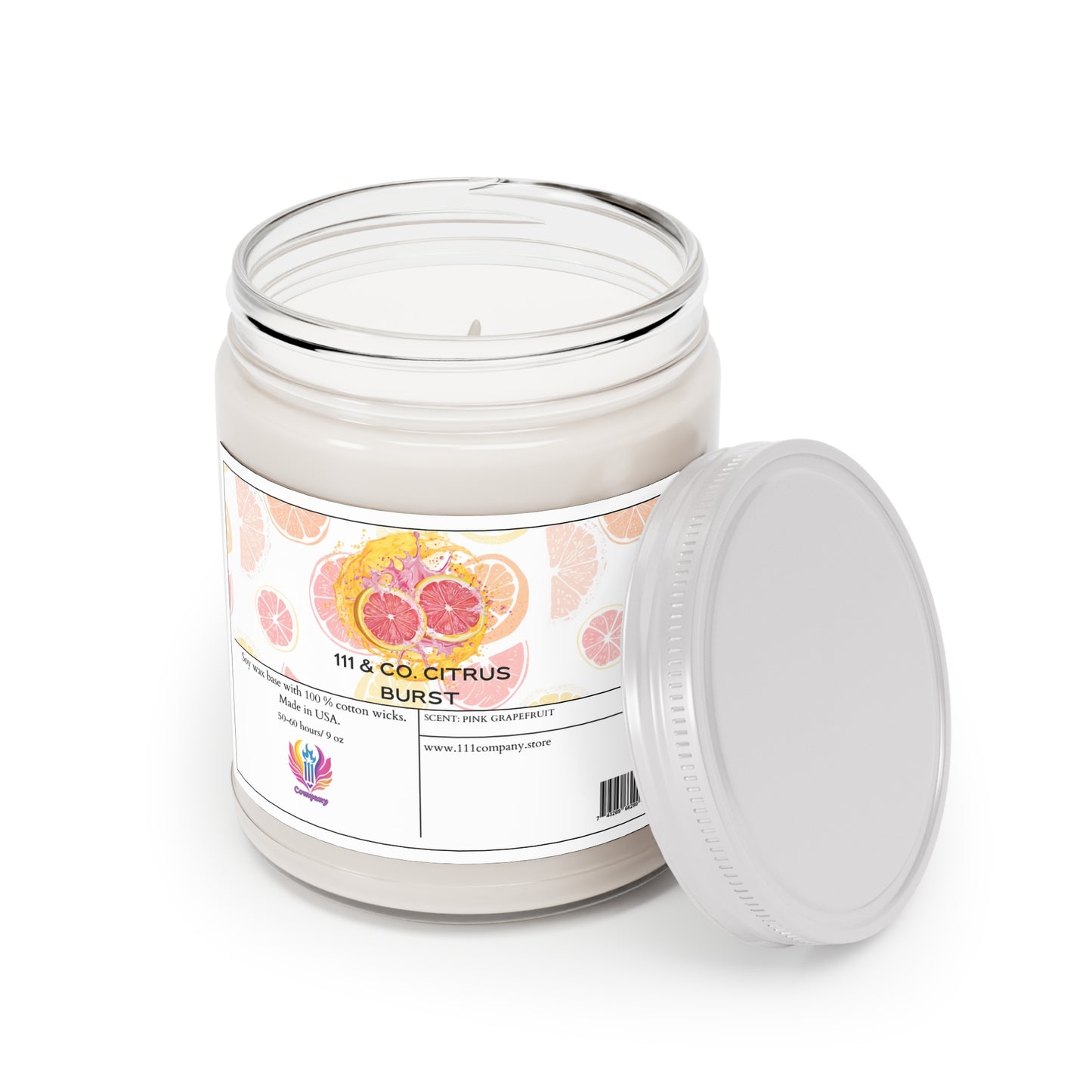The 9oz soy wax candle by 111 & Company, named 111 & COMPANY CITRUS BURST, features vibrant citrus grove illustrations and scents like pink grapefruit. The white candle with a light gray lid captures the essence of a sunlit grove perfectly.
