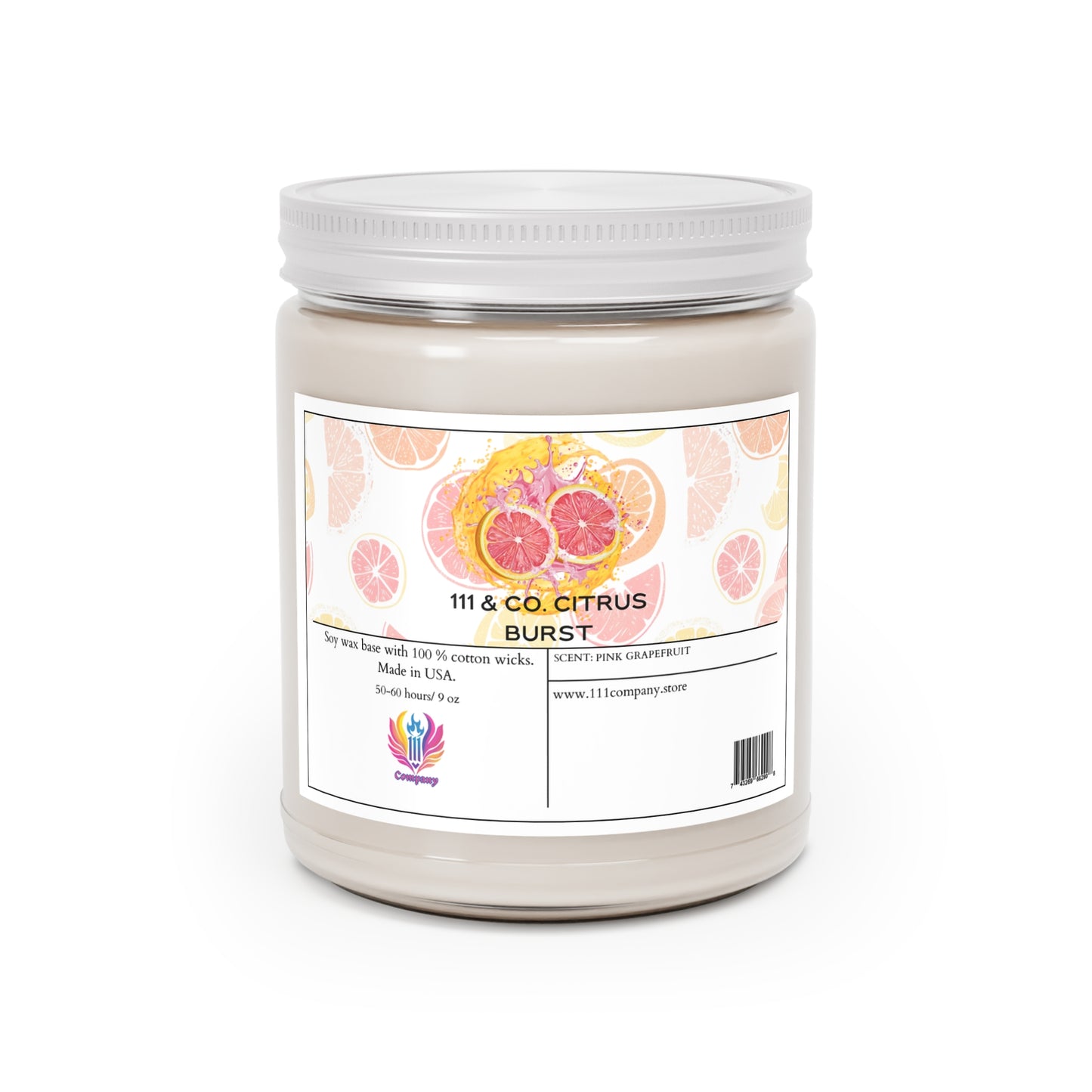A 9 oz soy wax candle in a clear jar with 111 & Company Citrus Burst label by 111 & Company, featuring grapefruit and citrus grove art. It offers 100% cotton wicks, notes of pink grapefruit and citron, burns for 50-60 hours, and is made in the USA.
