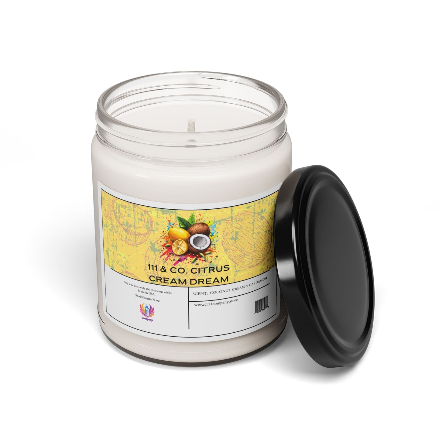 The 111 & Company Citrus Cream Dream is an eco-friendly 9oz soy wax candle in a white jar with a black lid, featuring citrus and coconut imagery on its yellow label. This tropical candle blends soy-based coconut, orange, lemon, and cardamom scents for an invigorating experience.