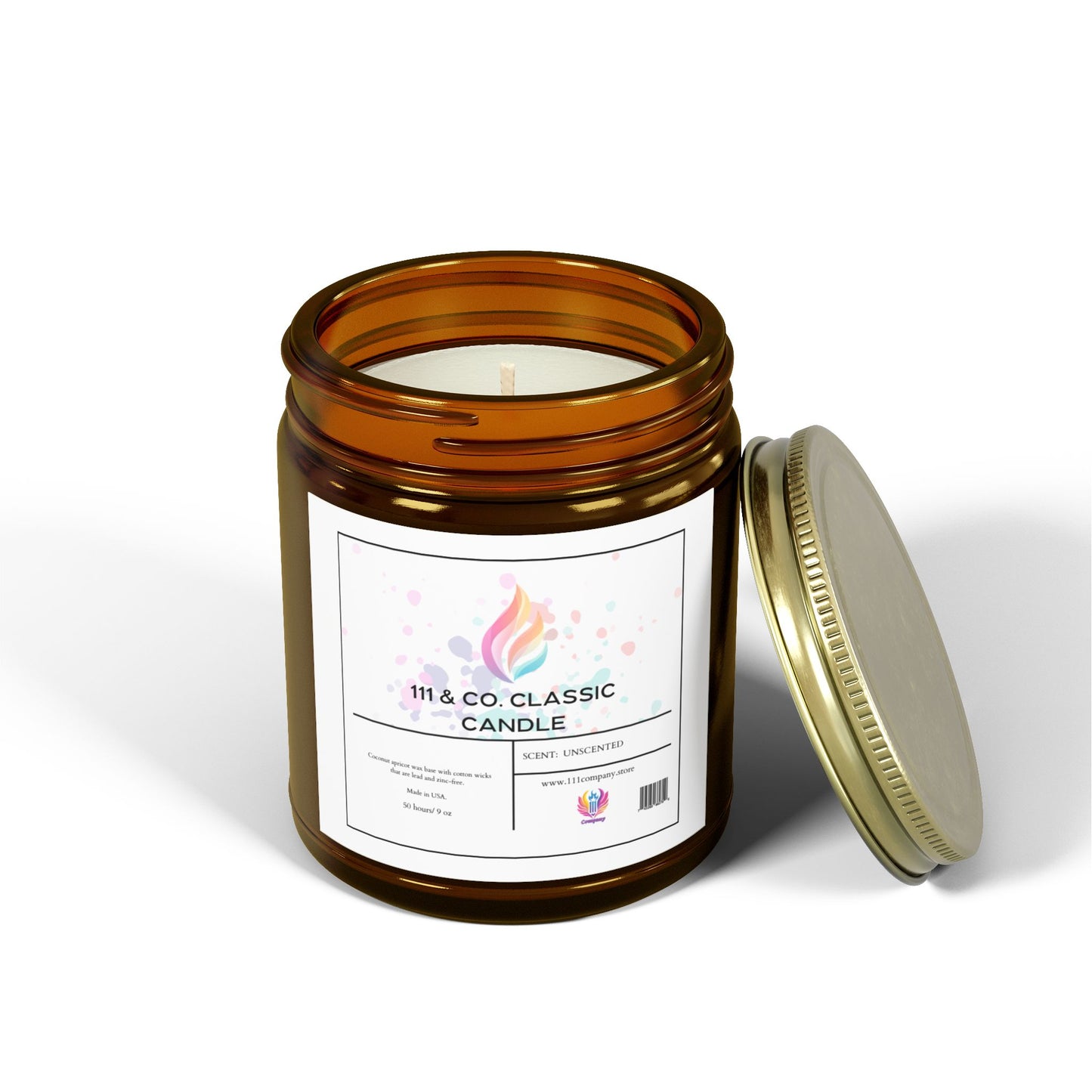 A brown glass jar with the lid off sits aside, labeled 111 & Company Classic Candle featuring a colorful flame logo. The minimalist design on a white background highlights its eco-friendly coconut apricot wax and offers a calming glow.