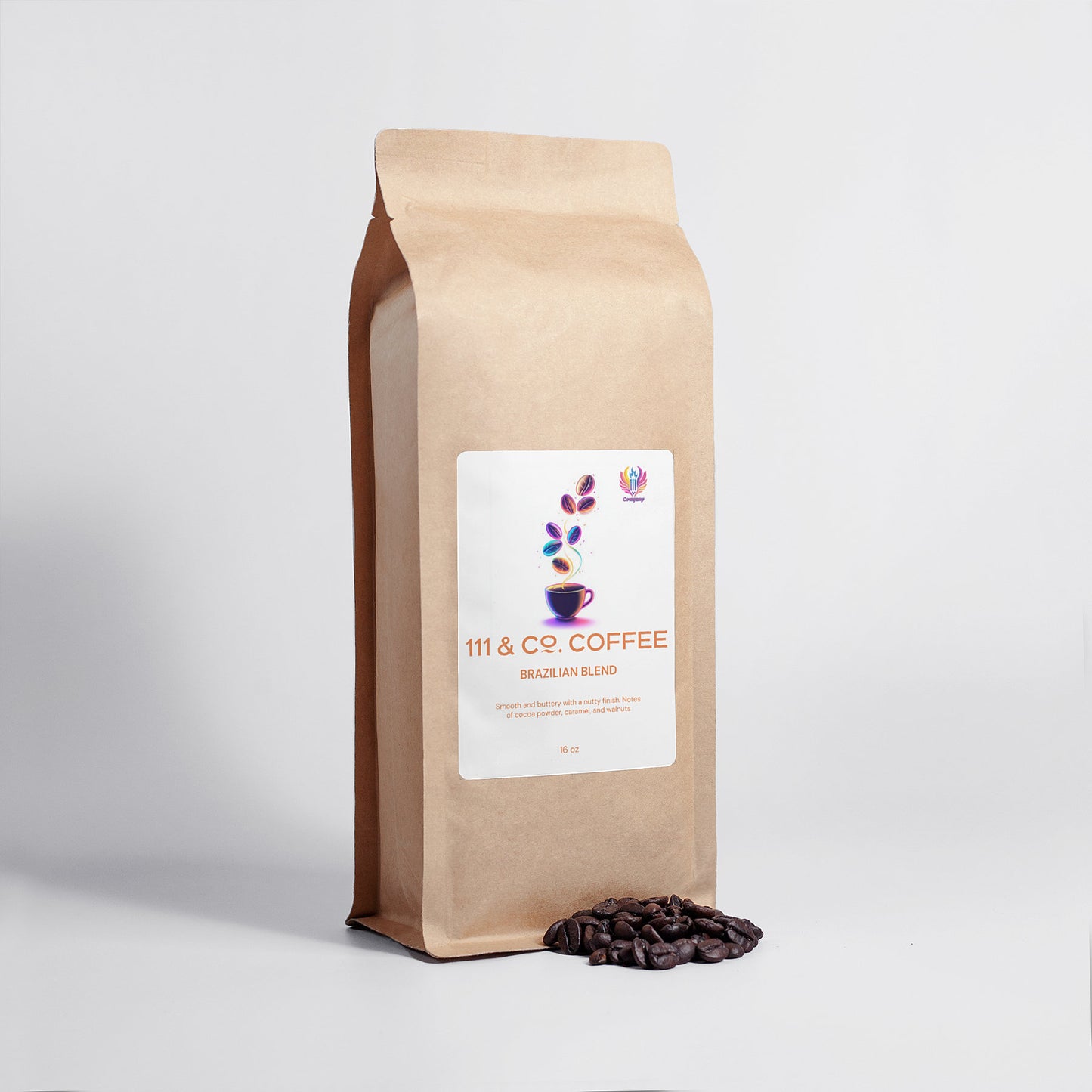 A 111 & Co. BRAZILIAN BLEND 16oz brown paper bag features a steaming cup and coffee plant illustration. On a white background, a small pile of Arabica beans enhances the fresh, organic appeal.