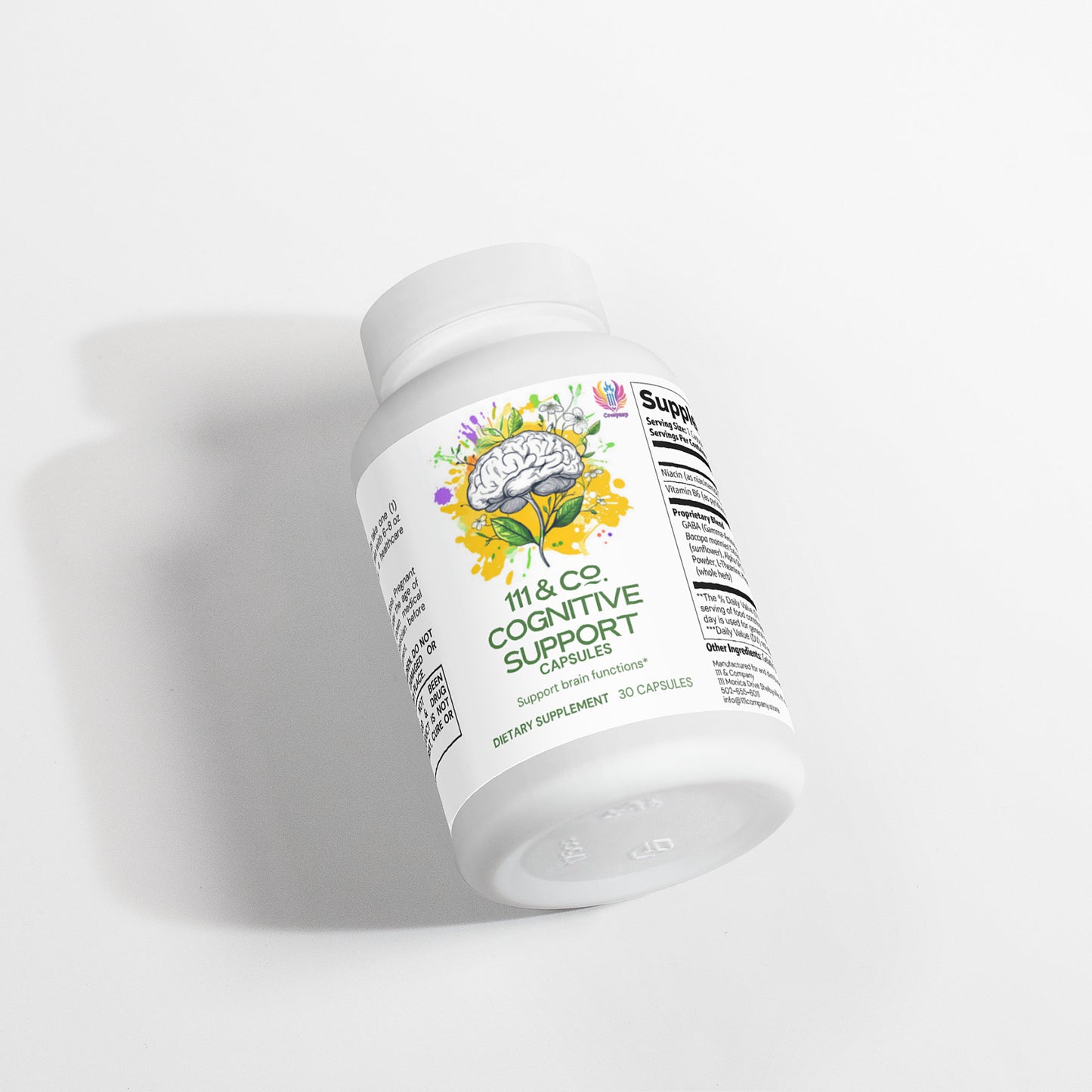 The white bottle of 111 & COMPANY COGNITIVE SUPPORT CAPSULES displays vibrant brain illustrations, emphasizing cognitive enhancement. With symbols and natural ingredients on the label, it rests against a light gray background, casting a gentle shadow.