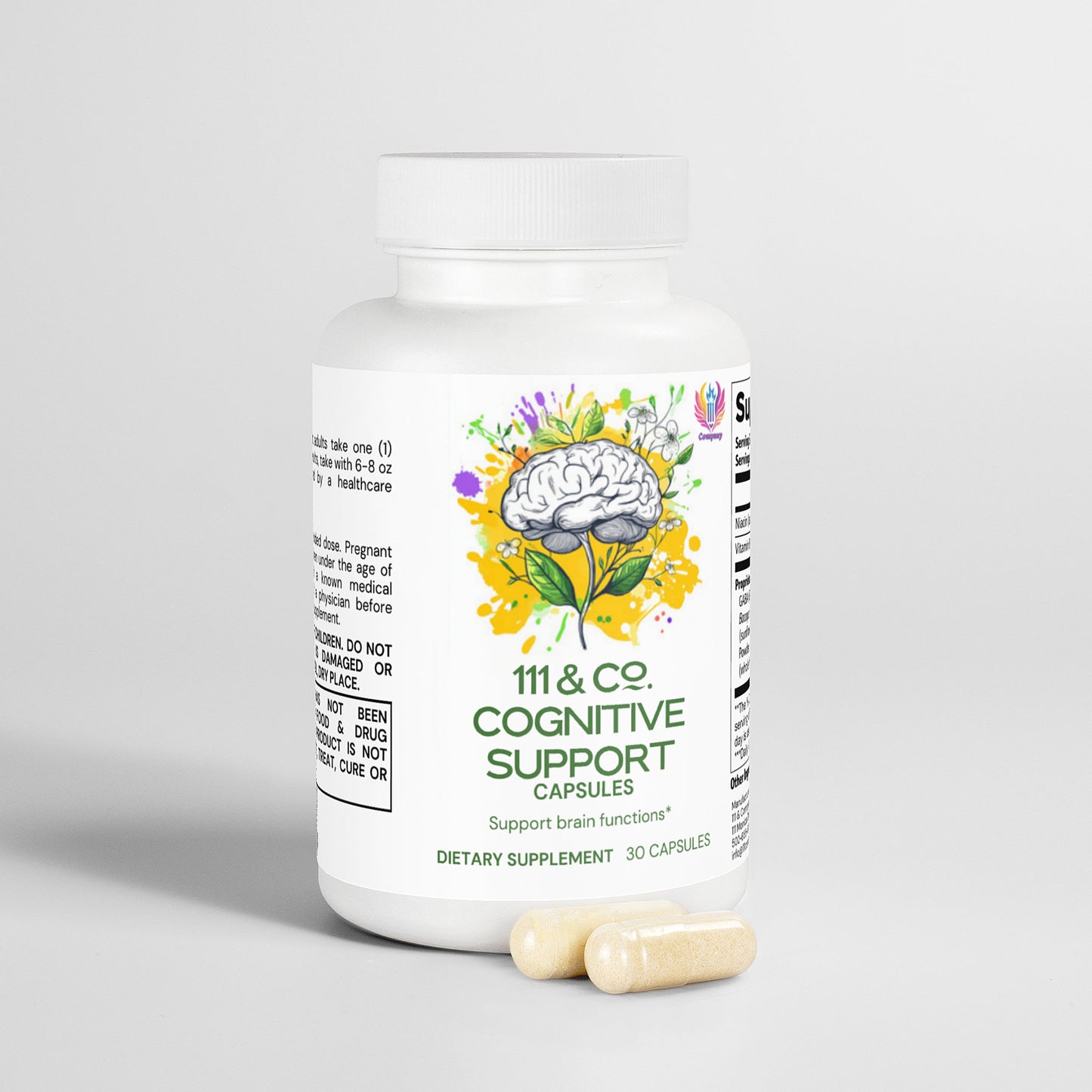 A bottle labeled 111 & Company Cognitive Support Capsules with a vibrant brain illustration sits next to two beige capsules. The text reads Support cognitive performance. It contains 30 capsules and is a cognitive enhancement supplement.