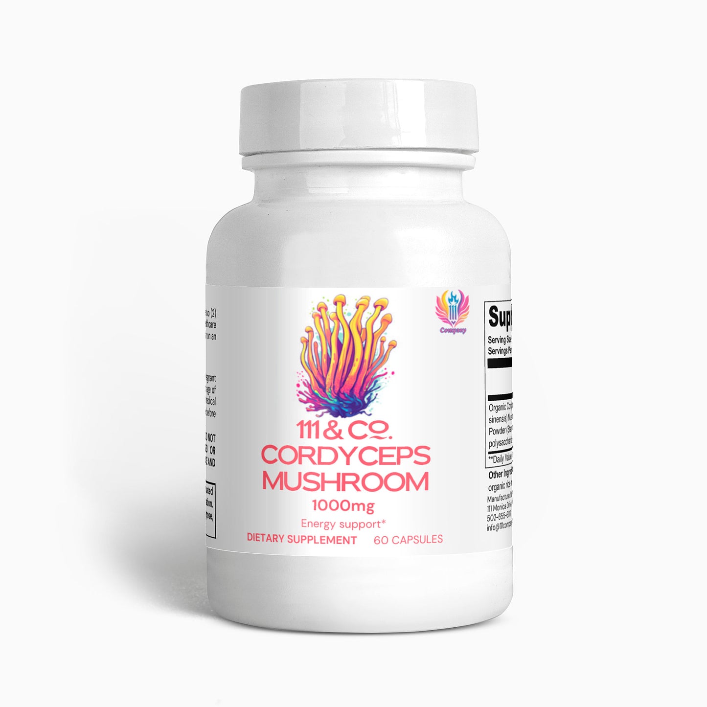 A white bottle of 111 & COMPANY CORDYCEPS MUSHROOM 1000 MG CAPSULES from 111 & Company displays a mushroom graphic, highlighting Energy support and Immune system boost. It contains 60 capsules with the brand logo in the top right corner, and part of the supplement facts is visible on the side.