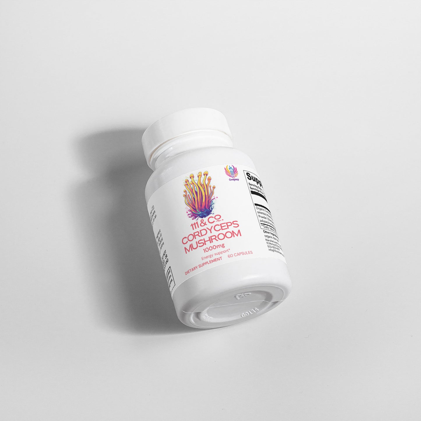 A white bottle of 111 & COMPANY CORDYCEPS MUSHROOM 1000 MG CAPSULES by 111 & Company rests on a light gray background. The label displays a vibrant cordyceps illustration and brand details, with the tilted bottle casting an elegant shadow to the left, suggesting its immune system boost.
