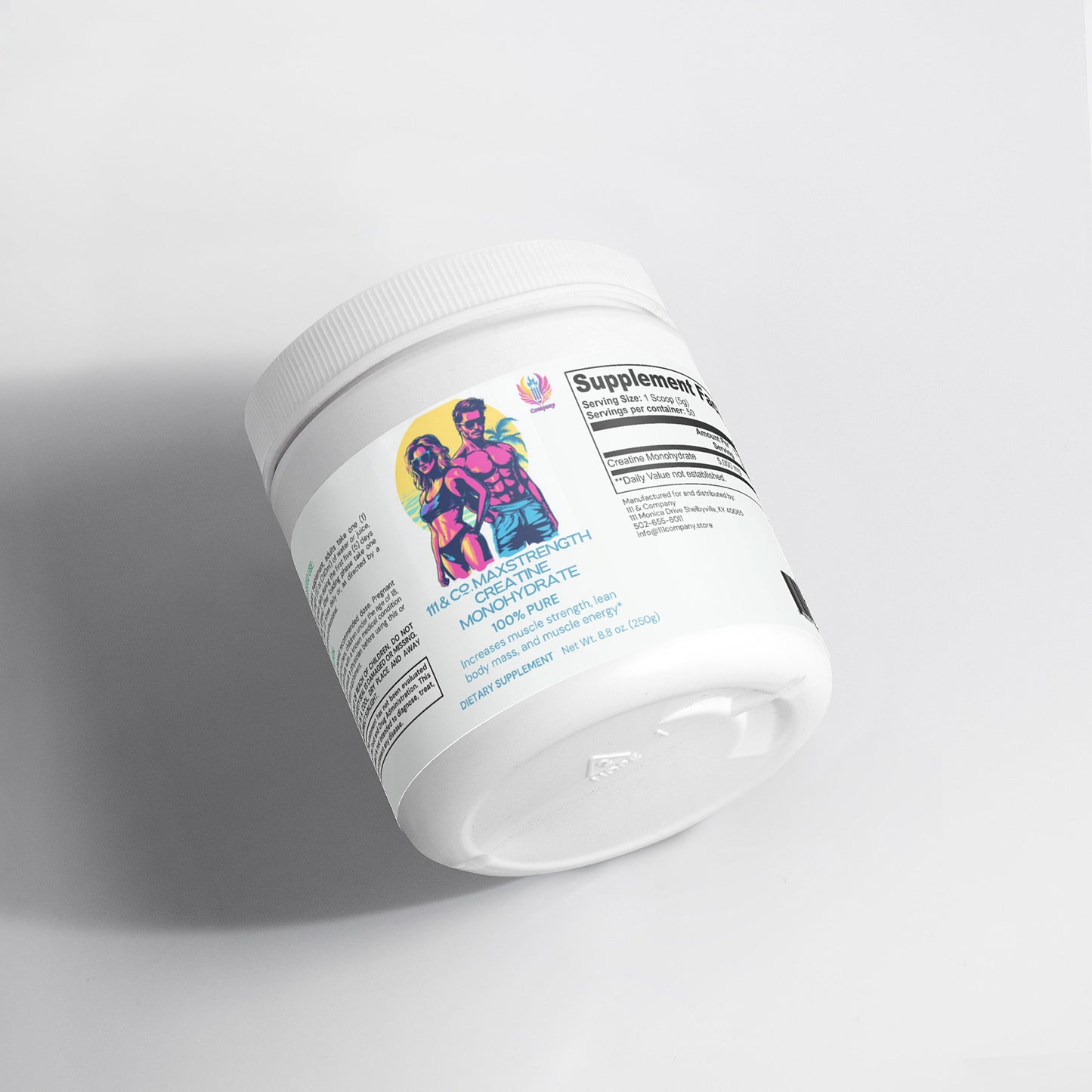 A white 111 & Company MaxStrength Creatine Monohydrate jar with a vibrant label showing a man and woman in athletic stances is tilted on its side against a white backdrop. It emphasizes Prebiotic Mastery Ferment and 100% Pure, supporting muscle protein synthesis for better exercise performance.