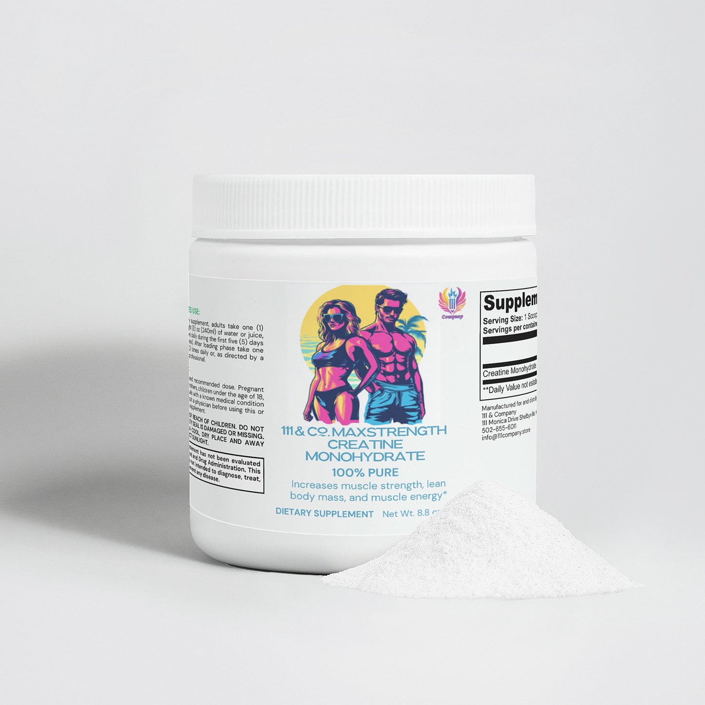 A white container of 111 & Company Maxstrength Creatine Monohydrate features muscular individuals in swimwear, promoting enhanced exercise performance and energy. A mound of white powder sits in front, with a net weight of 88.8 g.