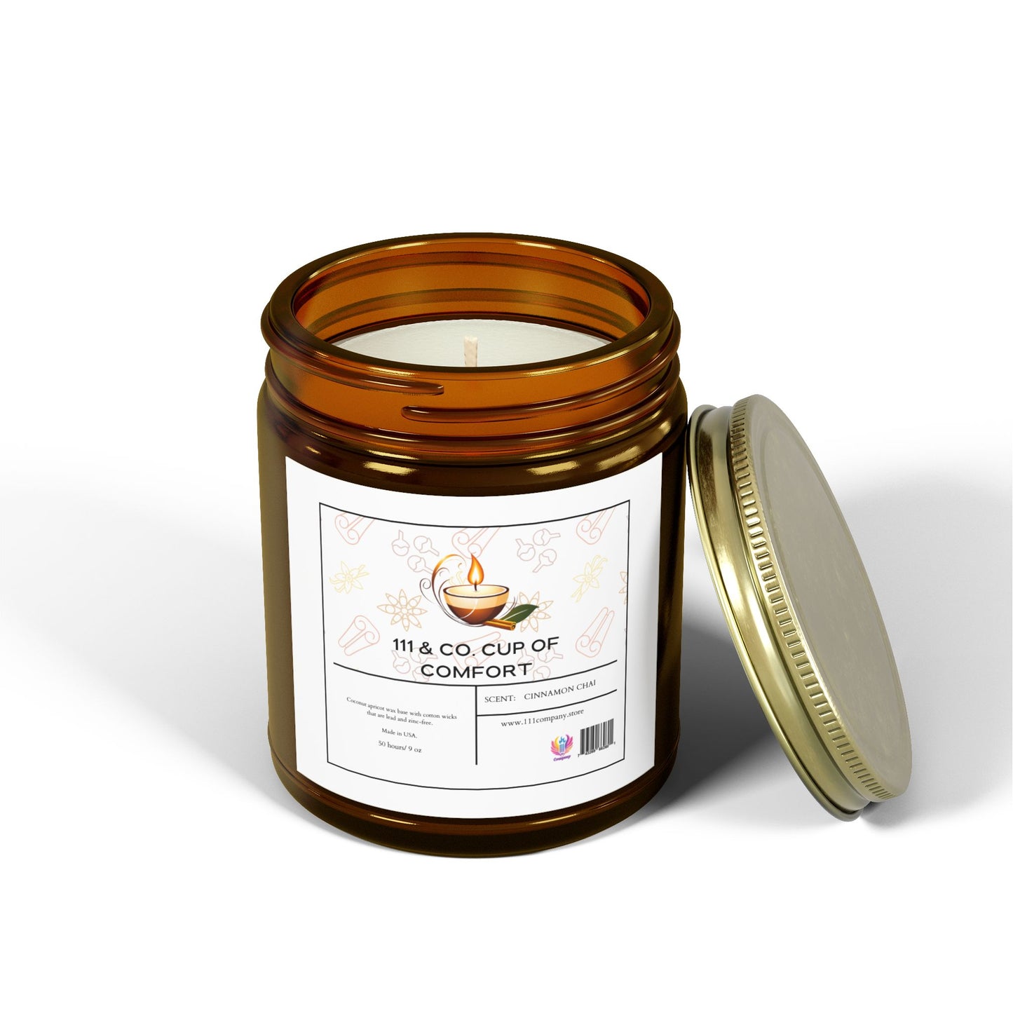 The 111 & Company Cup of Comfort Cinnamon Chai Scented Candle by 111 & Company comes in a reusable amber glass jar with holiday-themed teacup design, crafted from natural coconut apricot wax, and offers a sophisticated touch.
