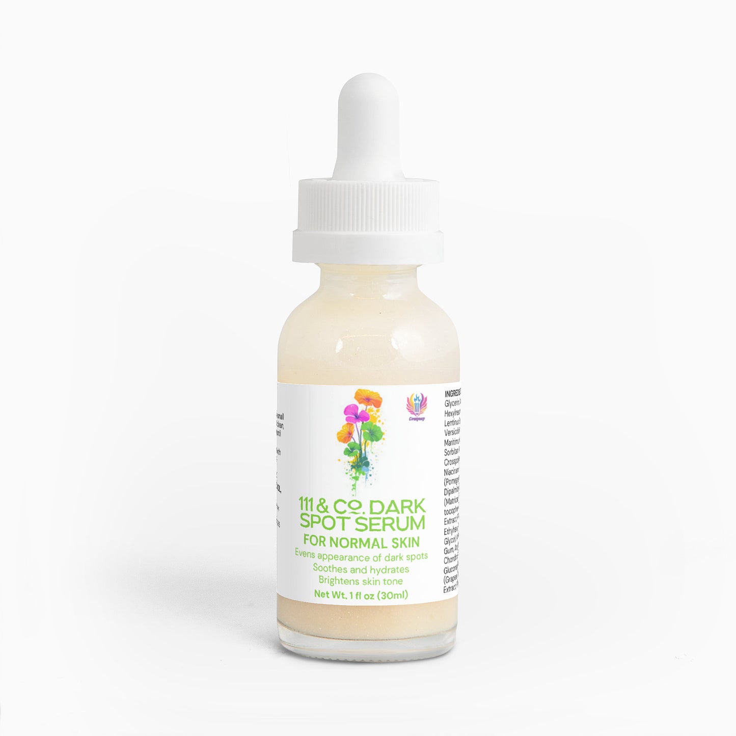 A small, transparent dropper bottle with a white cap contains 111 & Company Dark Spot Serum for Normal Skin. The label has colorful abstract floral designs and promotes its benefits in reducing dark spots and brightening skin tone. The bottle holds 1 fl oz (30 ml).