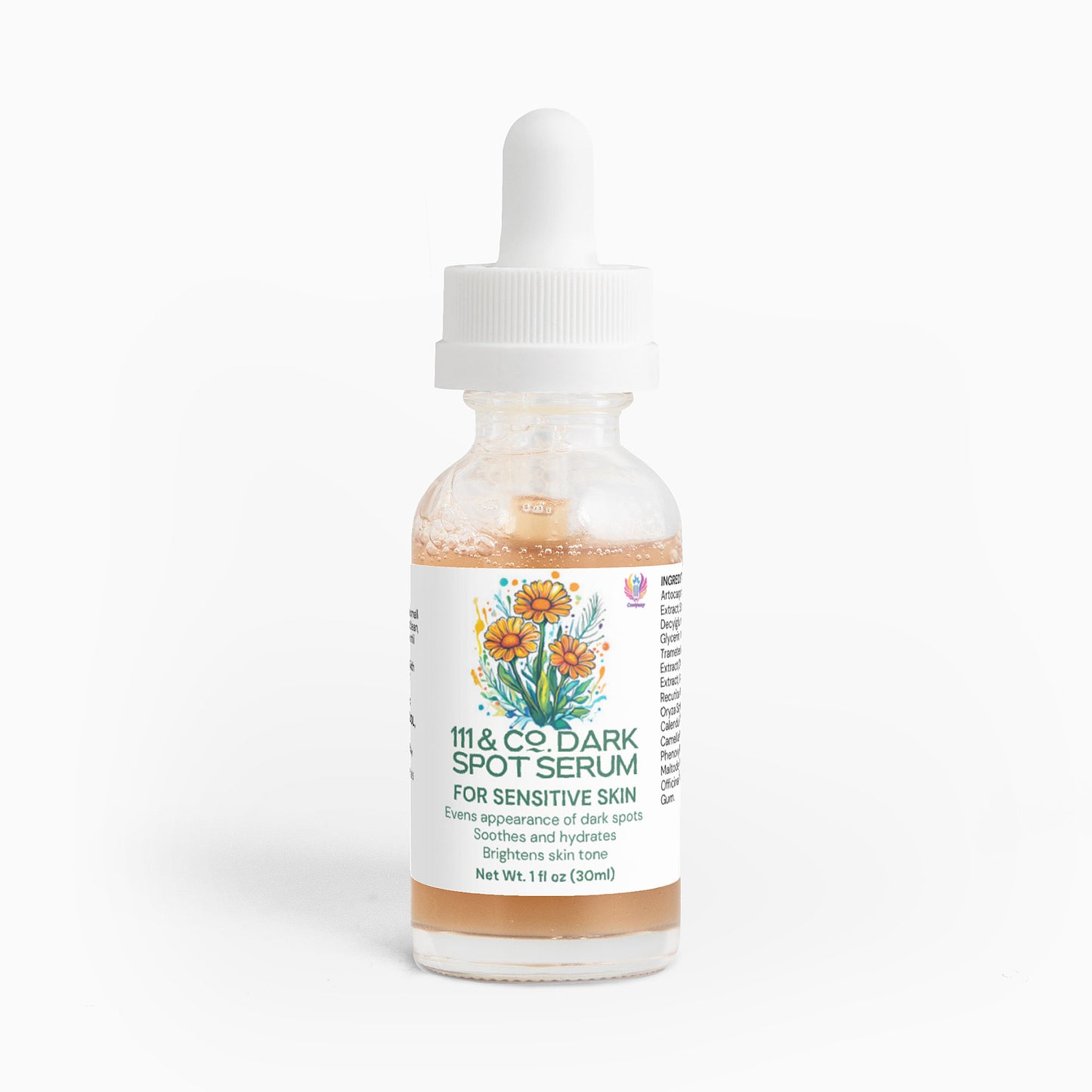 A 1 fl oz (30 ml) dropper bottle, labeled 111 & Company Dark Spot Serum for Sensitive Skin, features yellow flower illustrations and highlights benefits like evening skin tone and hydration with natural ingredients.