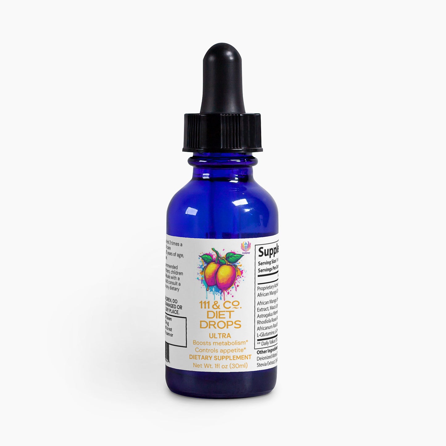 A blue bottle with a black dropper cap labeled 111 & COMPANY DIET DROPS ULTRA 1 oz by 111 & Company, displays fruits on the front and claims to boost metabolism. This 1 fl oz dietary supplement has ingredients and directions visible on the side.