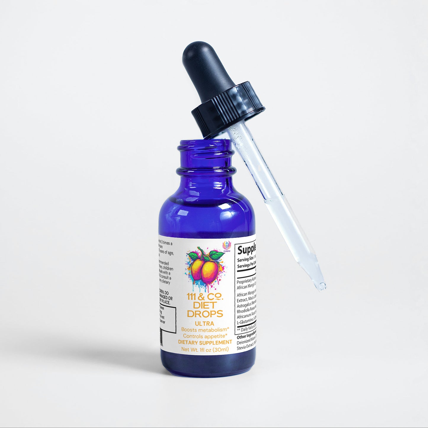 A blue 1 oz bottle of 111 & Company Diet Drops Ultra, featuring a colorful fruit graphic, is displayed on a white background to promote metabolism support. A black dropper with clear liquid rests against the bottle, with small text detailing the weight loss drops on the label.