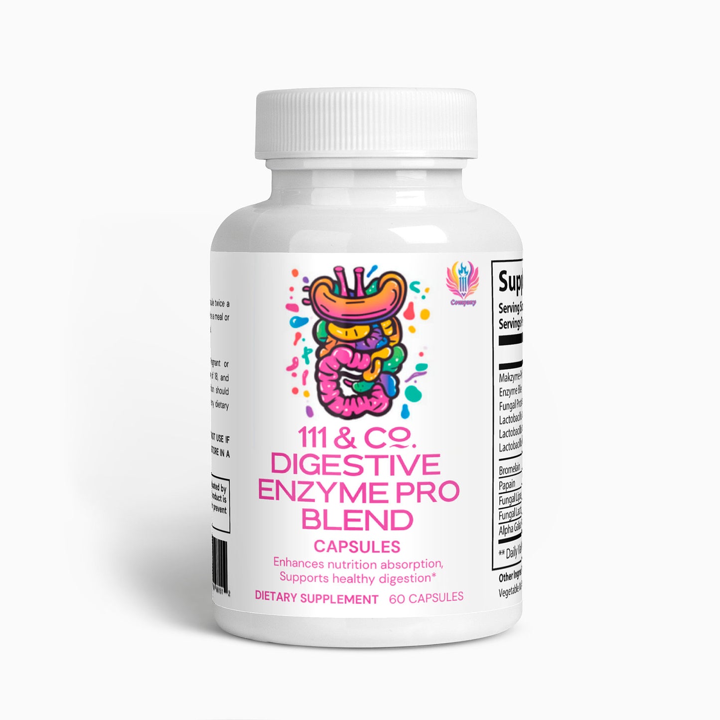 111 & Company white bottle of 111 & COMPANY DIGESTIVE ENZYME PRO BLEND contains 60 capsules. The label includes a colorful cartoon digestive tract illustration and highlights benefits such as enhanced nutrient assimilation, healthy digestion support, and boosted energy levels.