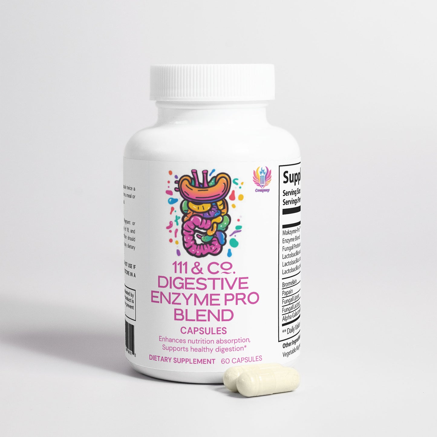 A white bottle labeled 111 & Company Digestive Enzyme Pro Blend features colorful digestive graphics. As a premium supplement, it enhances nutrient absorption and supports digestion. The bottle contains 60 capsules, with one white capsule beside it on a pristine surface.