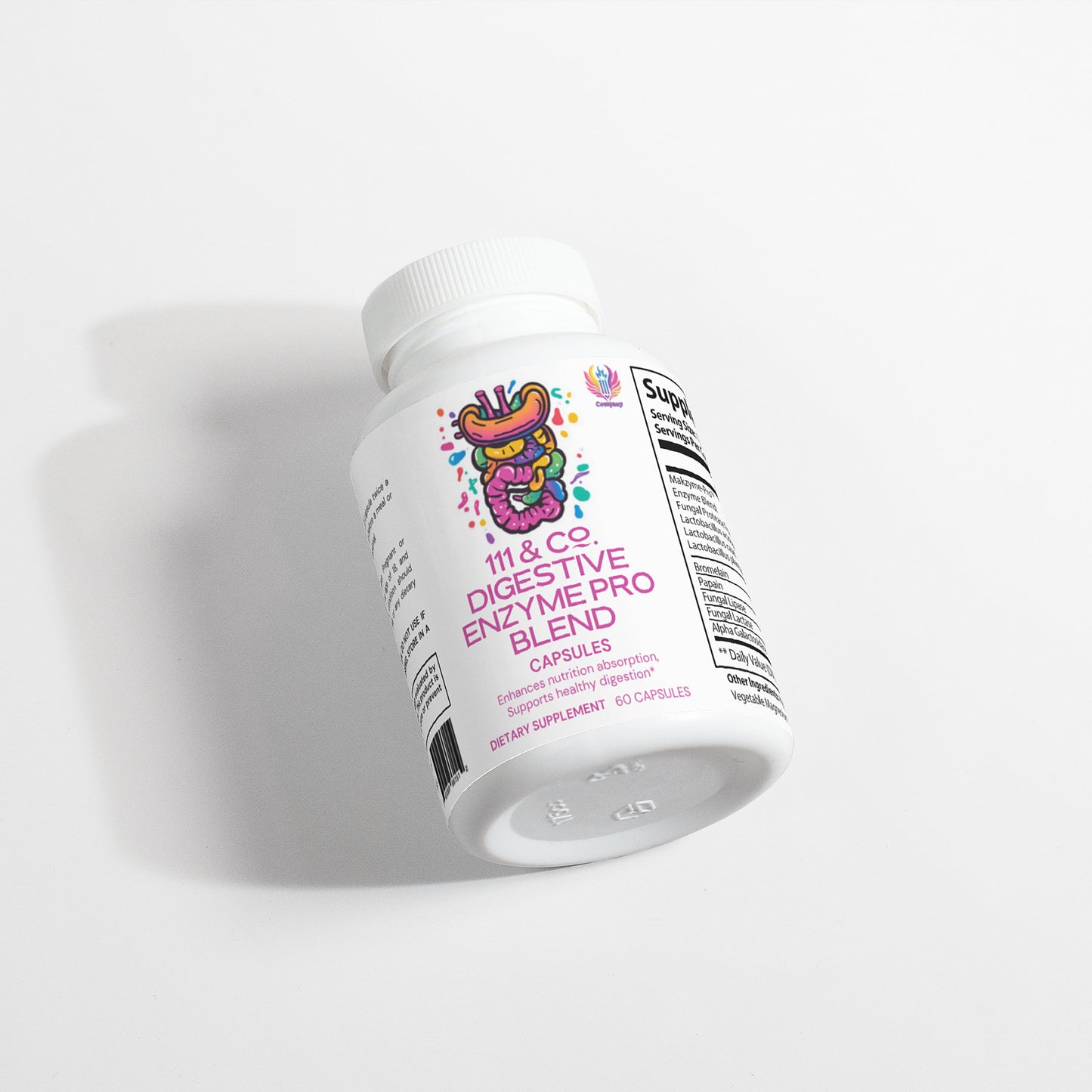 A white bottle labeled 111 & Company Digestive Enzyme Pro Blend lies on its side, featuring a colorful intestine graphic. This supplement aids nutrient assimilation and digestion, with clear supplement facts and dosage instructions on the label.