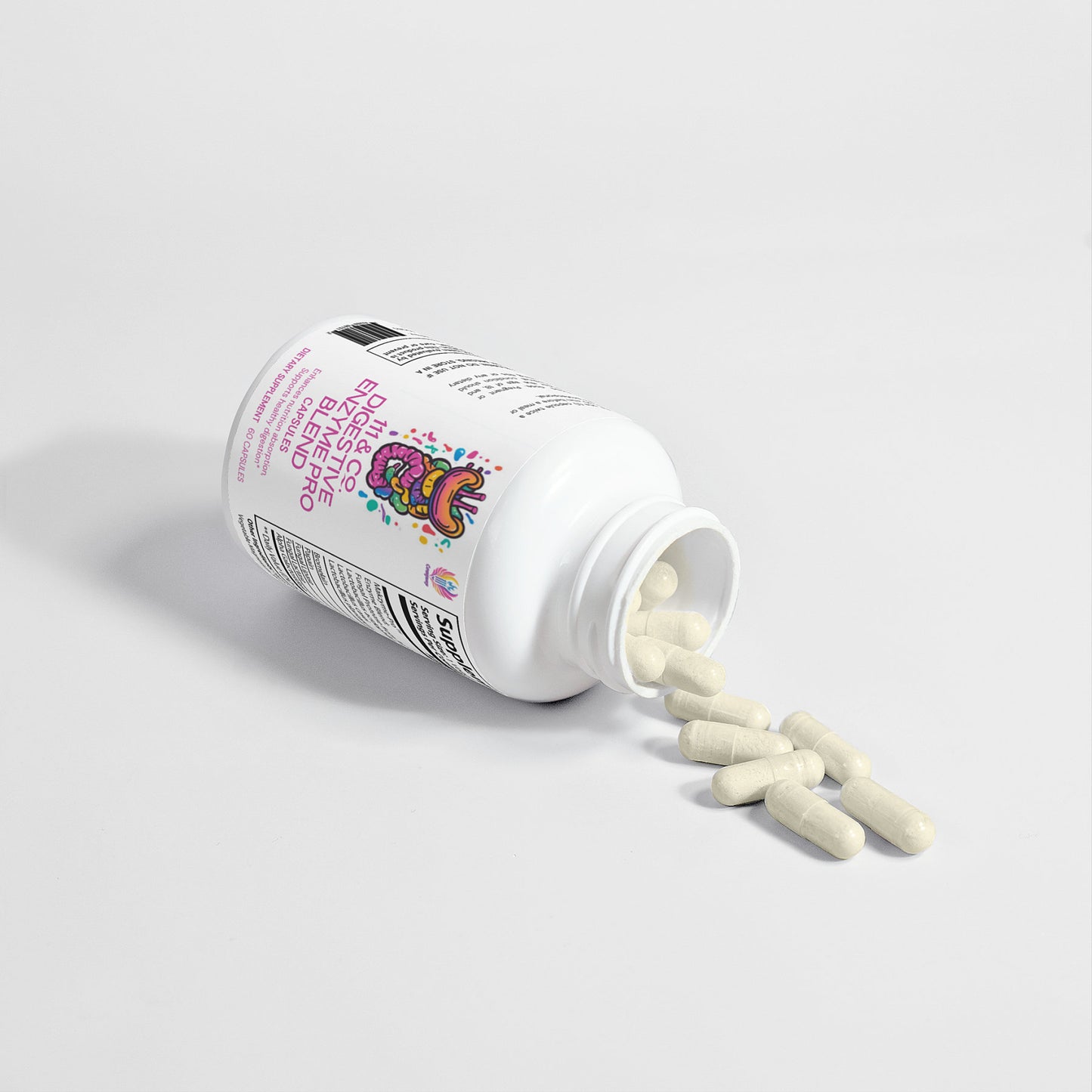 An open white bottle of 111 & COMPANY DIGESTIVE ENZYME PRO BLEND lies on its side, spilling light-colored capsules. The vibrant logo with purple and black text pops against the white background, hinting at enhanced nutrient assimilation from 111 & Company.