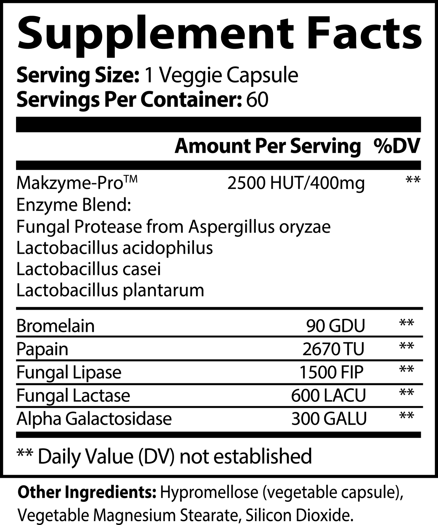 The supplement facts label for 111 & Company Digestive Enzyme Pro Blend is black and white, detailing an enzyme mix with Makzyme-Pro™, comprising fungal protease, Lactobacillus species, bromelain, papain, fungal lipase, fungal lactase, and alpha galactosidase. Serving size: one veggie capsule.