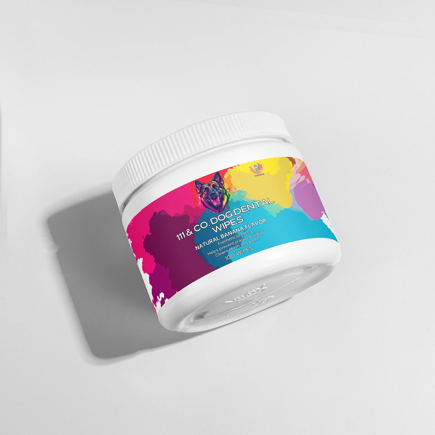 A white container with a lively label showcases abstract dog art and the words 111 & Company Dog Dental Wipes. It offers Natural Banana Flavor and 100 Wipes, tailored for dog teeth cleaning and plaque reduction. The white lid subtly shadows the background.