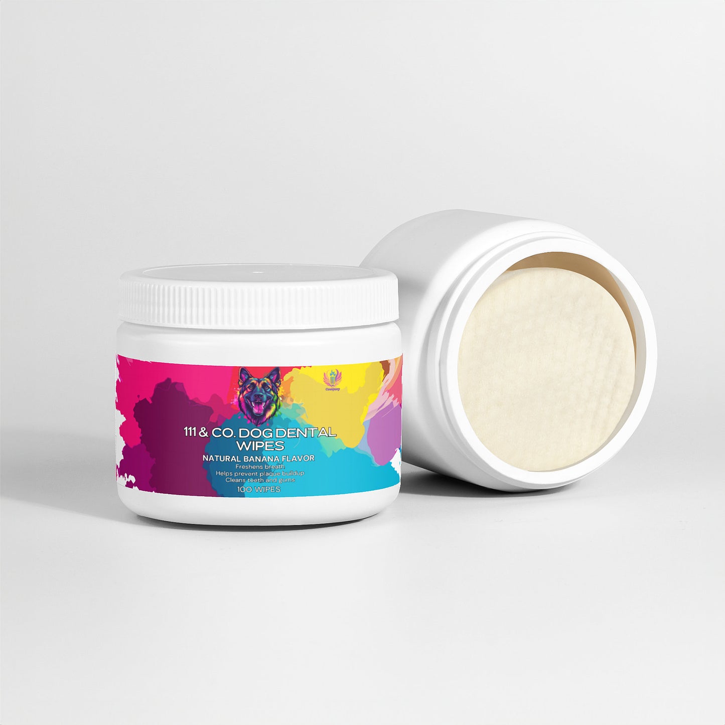 A colorful container labeled 111 & COMPANY DOG DENTAL WIPES by 111 & Company, flavored naturally with banana. The dog illustration adorns the packaging, shown open to reveal circular wipes designed for cleaning dog teeth and reducing plaque against a white background.