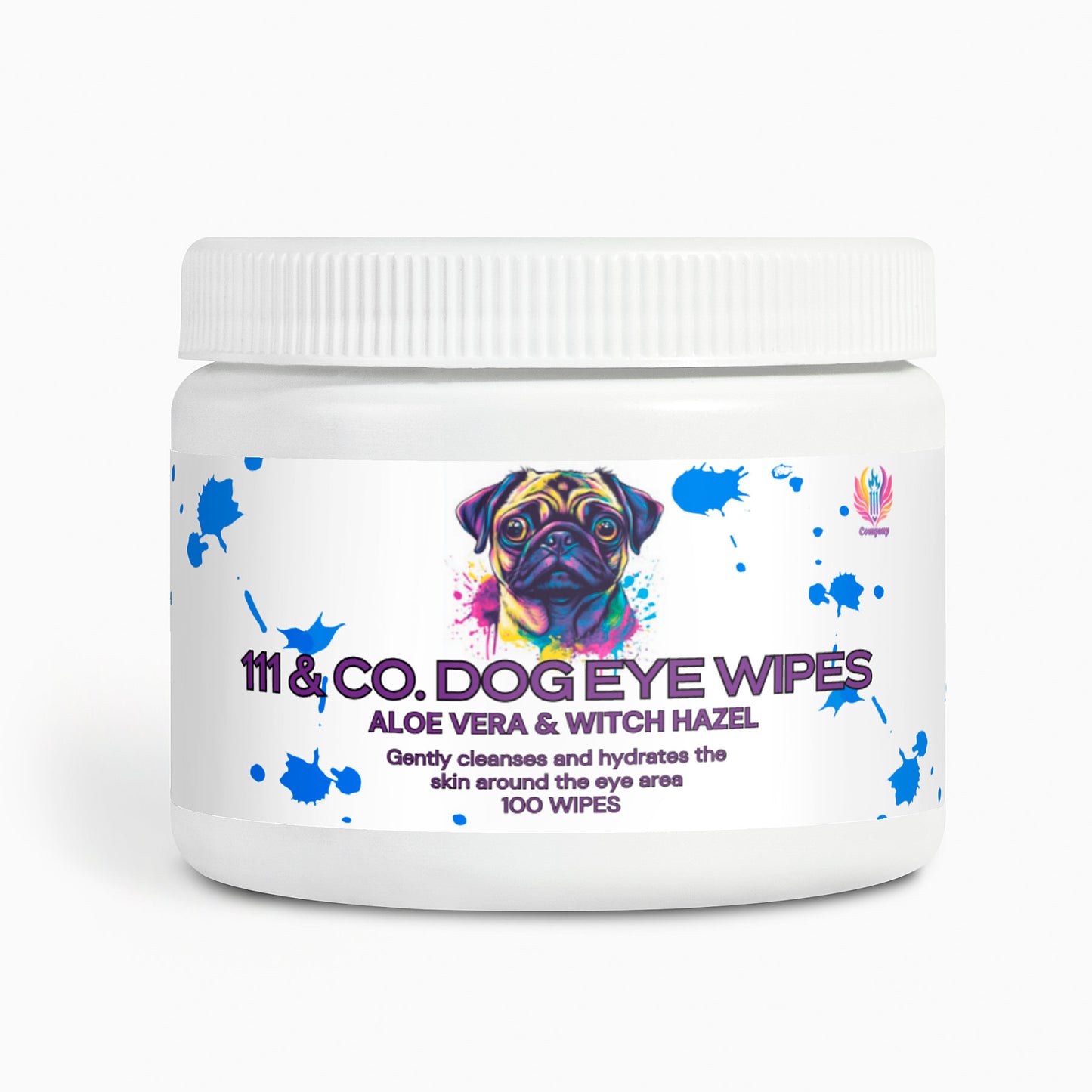 The 111 & Company Dog Eye Wipes feature a white container with a colorful pug illustration and blue paint splatters. Made with natural ingredients like Aloe Vera and Witch Hazel, these wipes gently cleanse, hydrate, and help remove tear stains around the eyes. Contains 100 wipes.
