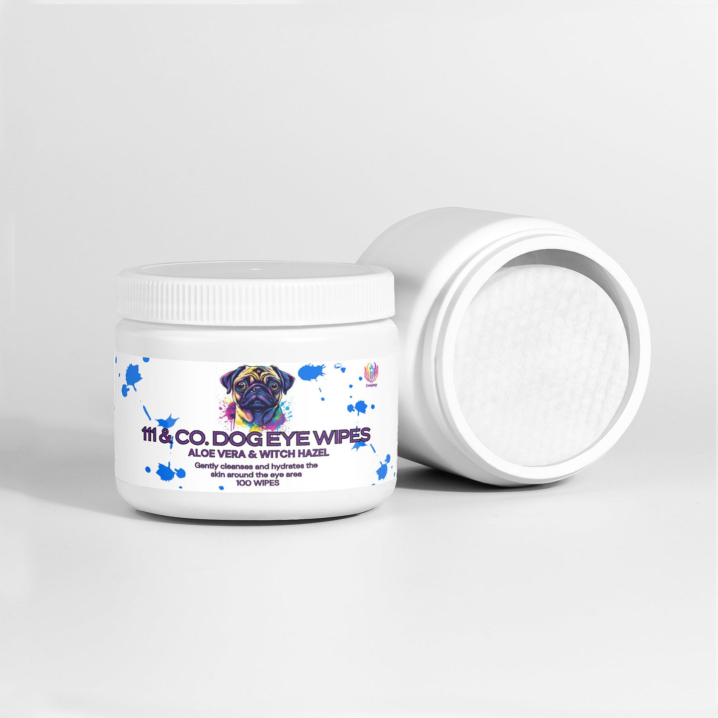 A white container of 111 & COMPANY DOG EYE WIPES by 111 & Company shows a colorful pug image on the label. It highlights natural ingredients like Aloe Vera & Witch Hazel and states 100 wipes. The open lid reveals the circular wipes against a plain white background.