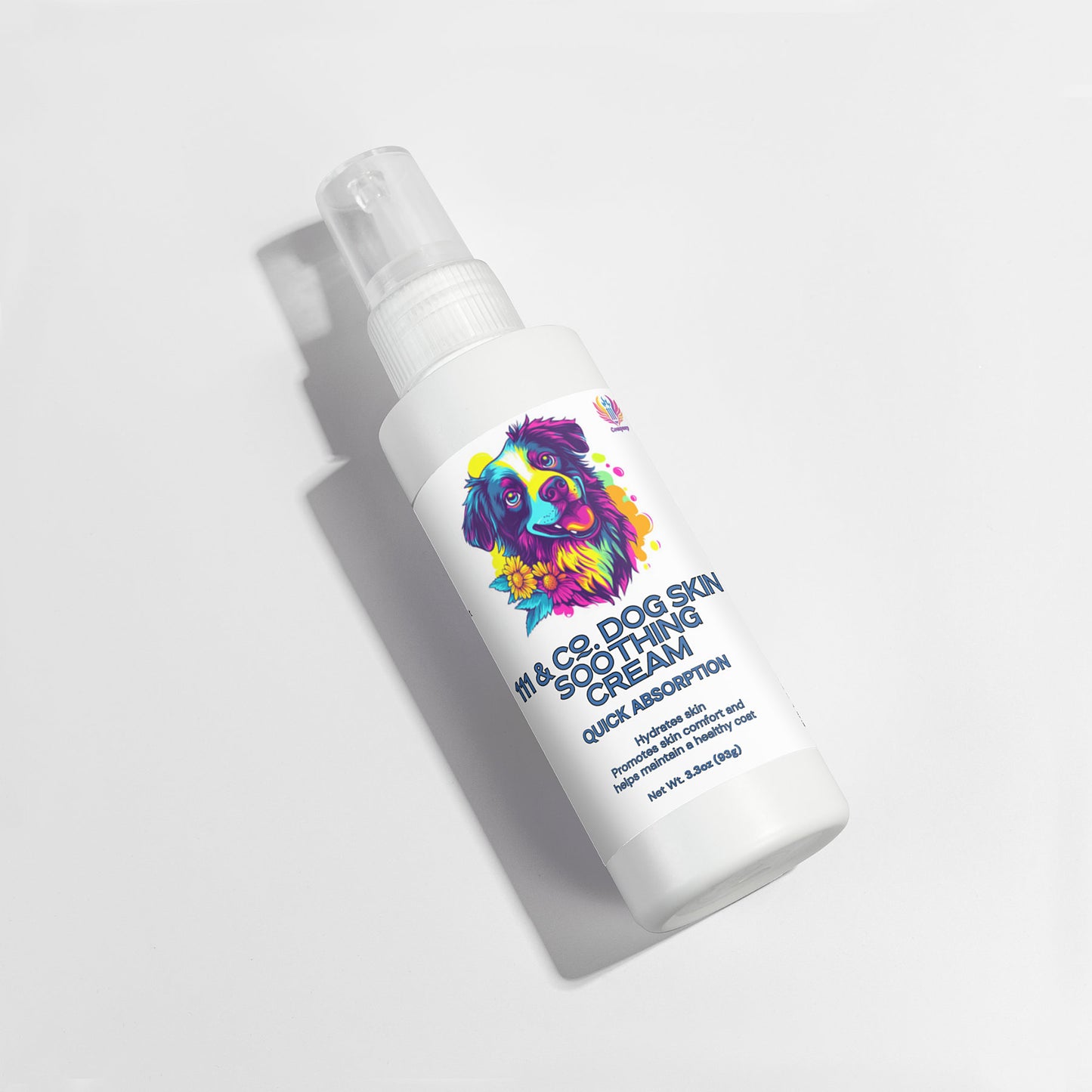 White bottle of antioxidant-rich dog skin soothing cream featuring a colorful dog illustration. Text reads 111 & Company Dog Skin Soothing Cream and Quick Absorption. Bottle lies on white surface, casting a shadow to the right.