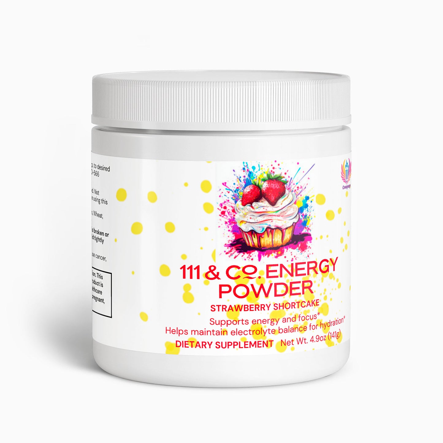 The 111 & Company Energy Powder by 111 & Company is a white cylindrical container featuring a strawberry shortcake illustration. This sugar-free formula offers balanced energy and focus support, weighs 4.9 oz, is a dietary supplement, and has vibrant yellow dots on its pristine surface.
