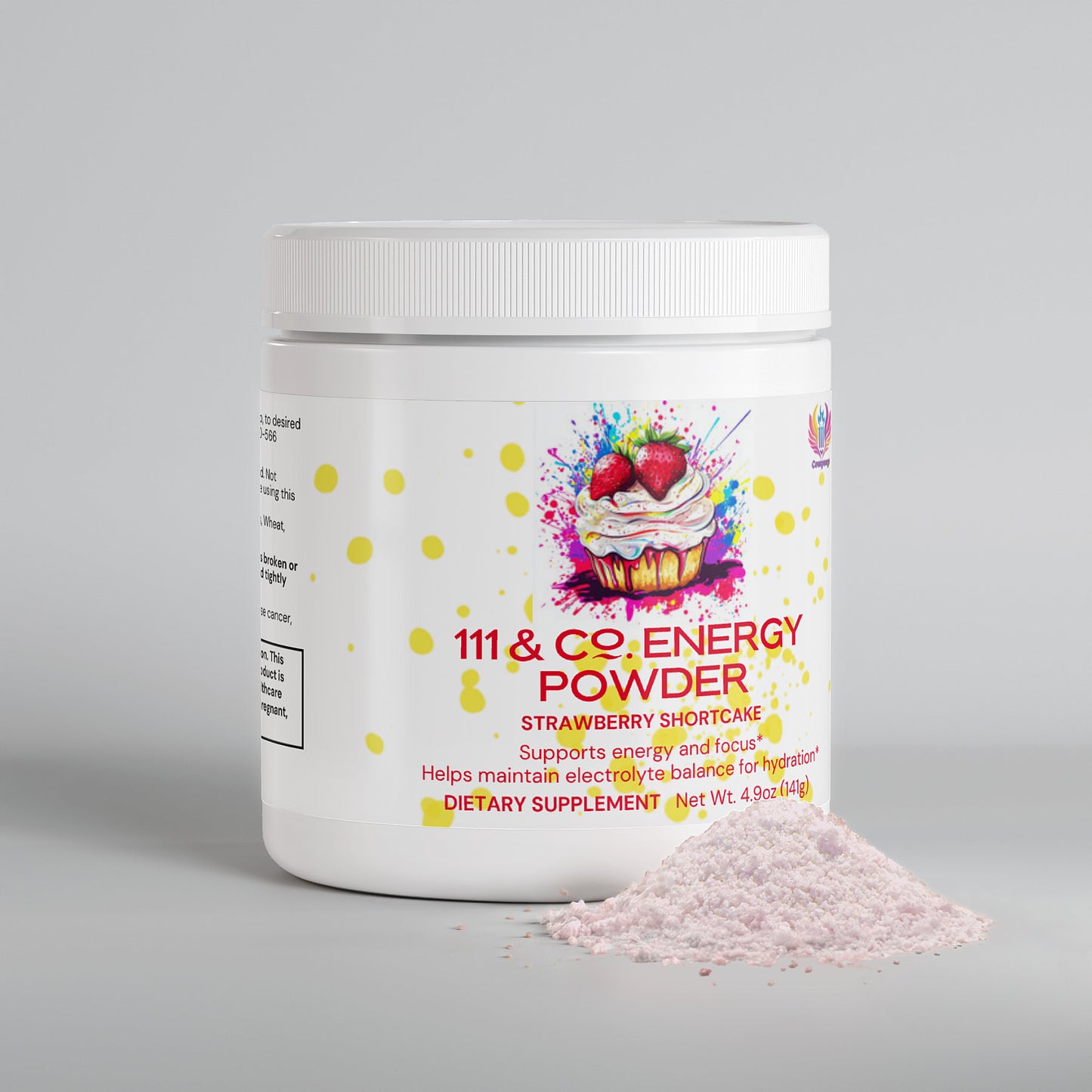 A 4.9 oz white container of 111 & Company Energy Powder (Strawberry Shortcake) features a strawberry shortcake label design, offers balanced energy and focus, and contains sugar-free pink powder beneath its white lid.