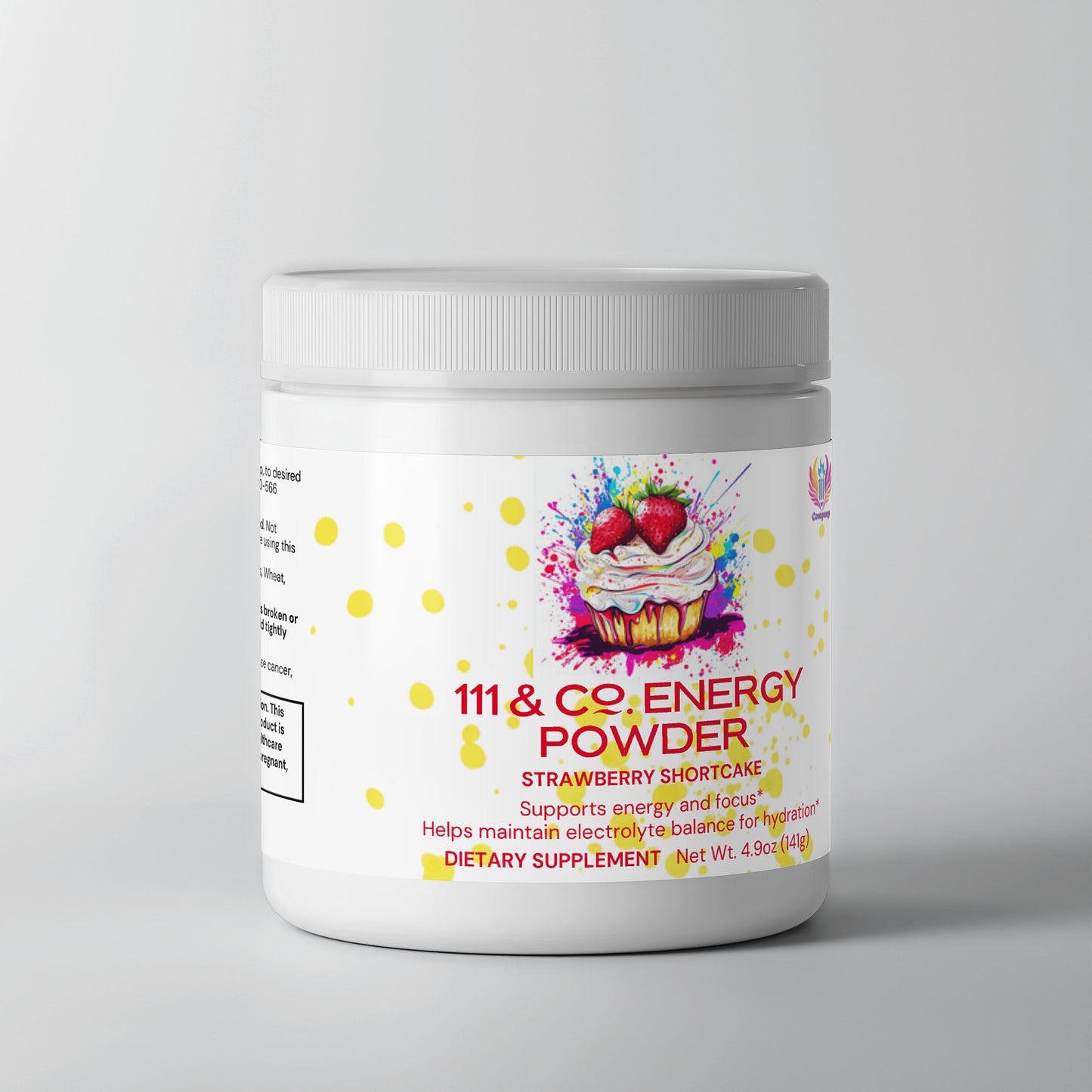 The white jar labeled 111 & COMPANY ENERGY POWDER (STRAWBERRY SHORTCAKE) by 111 & Company, with a strawberry shortcake design, offers balanced energy, focus, and hydration. A partial disclaimer appears on the side of this sugar-free treat. Net weight: 4.93oz (140g), set against a plain light gray background.
