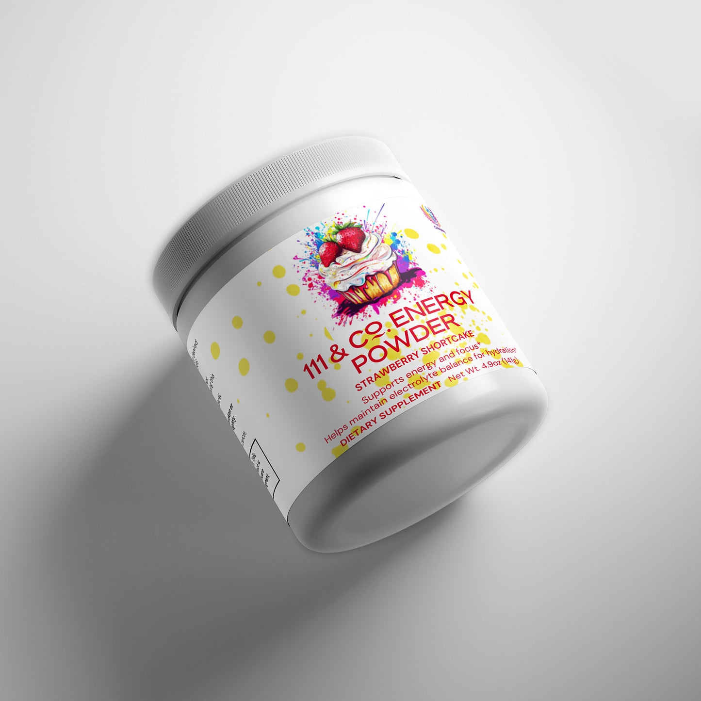 A white container of 111 & Company Energy Powder (Strawberry Shortcake) is on its side. The label shows strawberries and cake, emphasizing its sugar-free and balanced energy features. The terms Hand-crafted, 40 servings, and Dietary Supplement are visible.