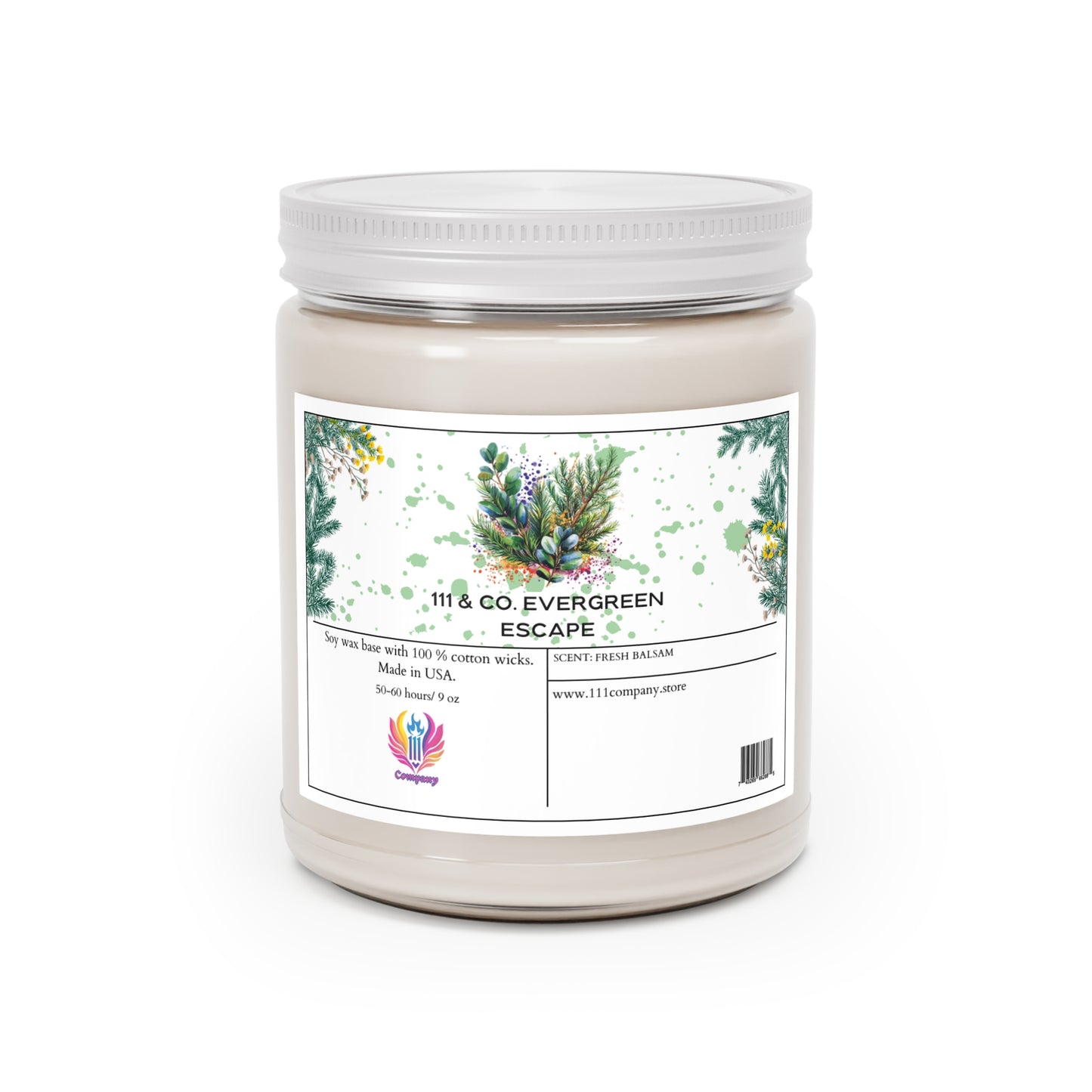 The 111 & Company Evergreen Escape candle by 111 & Company features a white jar with green foliage, yellow flowers, pine cones, and a small red and purple logo. It boasts a soy wax blend, 100% cotton wicks, eucalyptus scent, 50-60 hour burn time, and is made in the USA.
