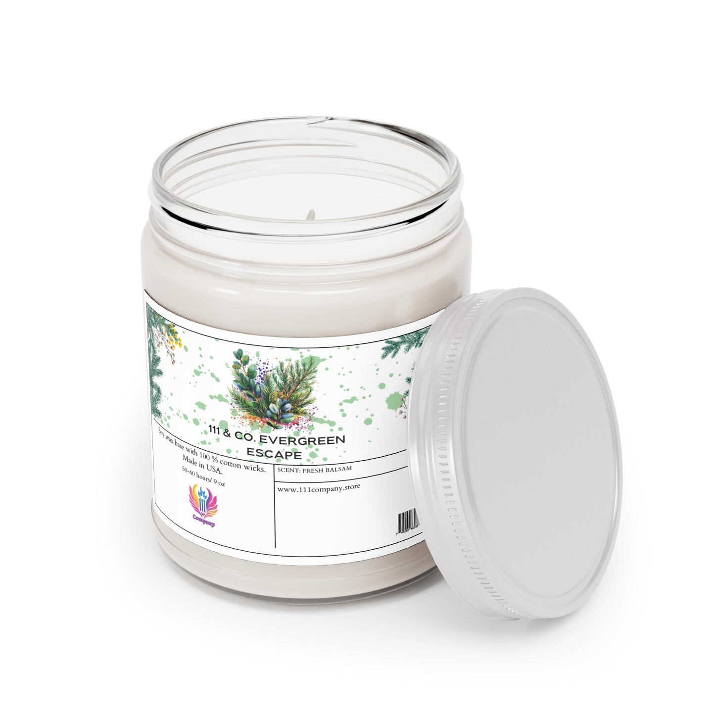 The 111 & Company Evergreen Escape candle, made with creamy soy wax and offering a fresh eucalyptus scent, comes in a clear glass jar with a botanical print of green and brown leaves. It features an elegant label and white lid for a natural ambiance.