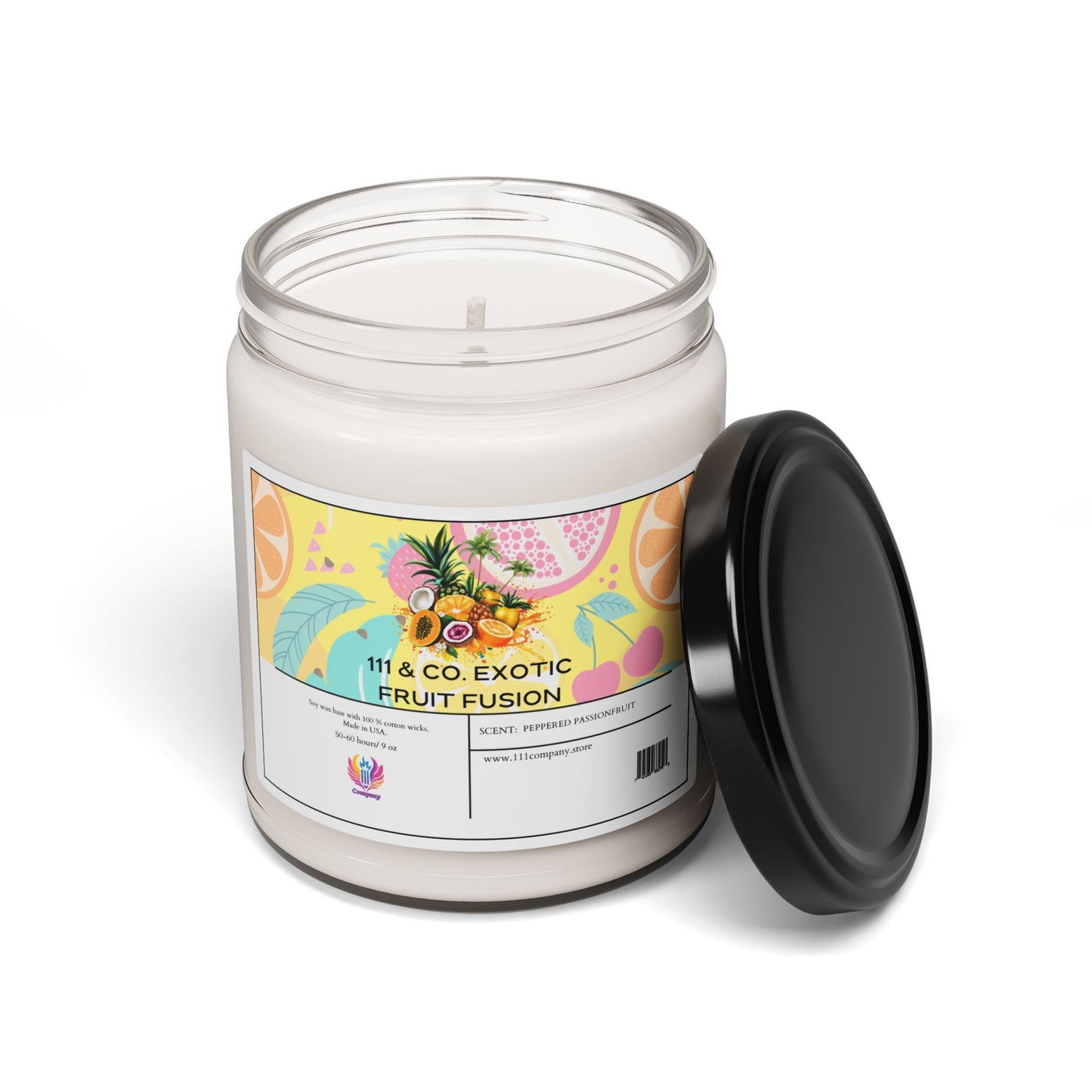 The 111 & Company Exotic Fruit Fusion Peppered Passionfruit Scented Candle features a clear glass jar with a black lid, colorful tropical fruit illustrations, and white soy wax enhancing the exotic fragrance. The lid rests upright against the 9oz jar.