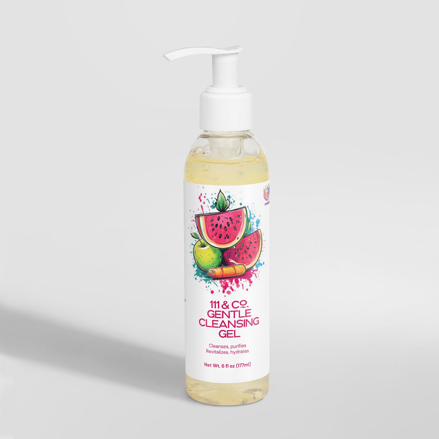 A 6 fl oz (177 ml) bottle of 111 & Companys Gentle Cleansing Gel with a white pump features colorful watermelon, lime, and papaya illustrations. The label highlights its oil-free gel formula, offering hydration, cleansing, purification, and revitalization.