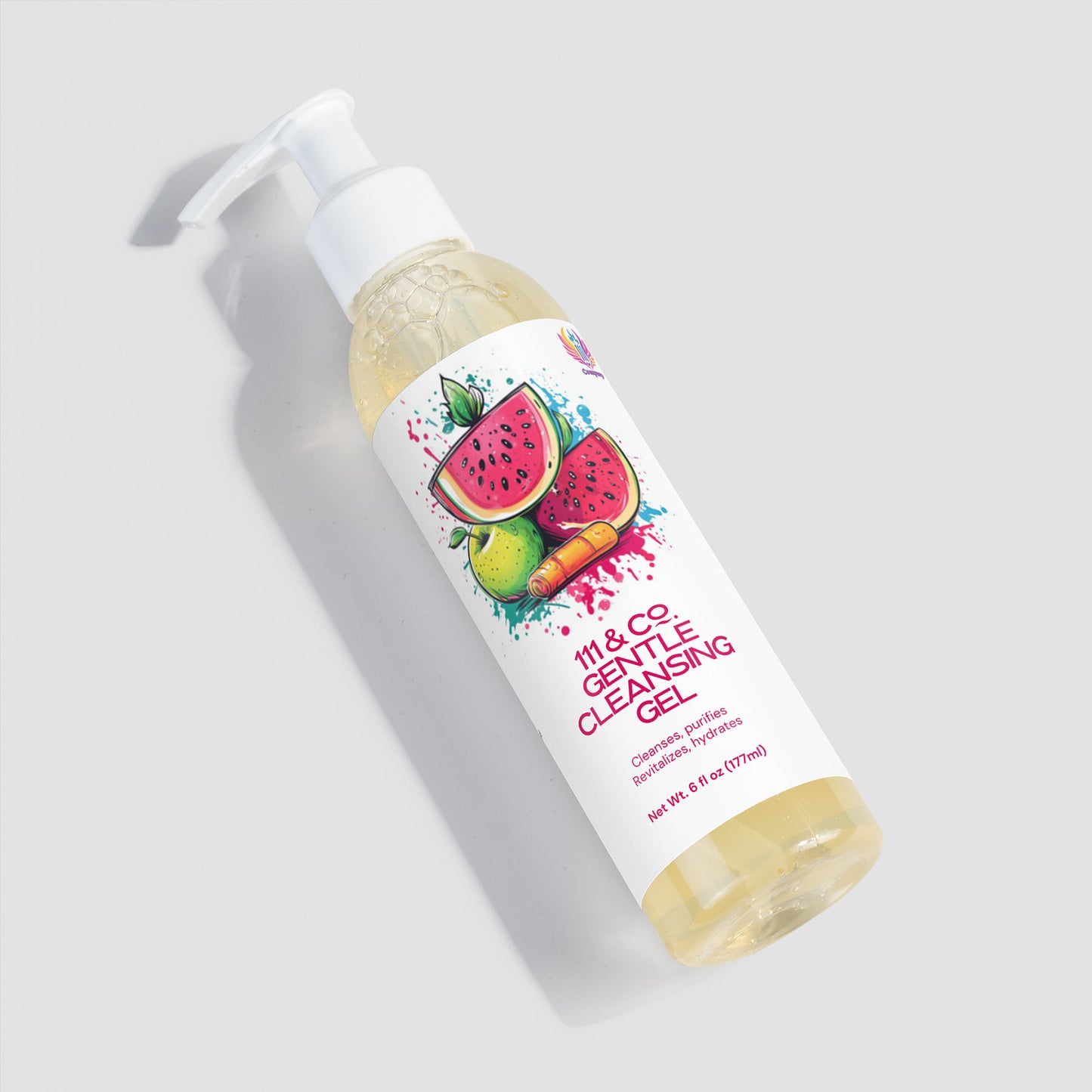 A clear pump bottle of 111 & Company Gentle Cleansing Gel, illustrated with vibrant watermelon and fruit designs, sits on a light gray background. This oil-free gel provides hydrating benefits, ideal for a refreshing cleanse.