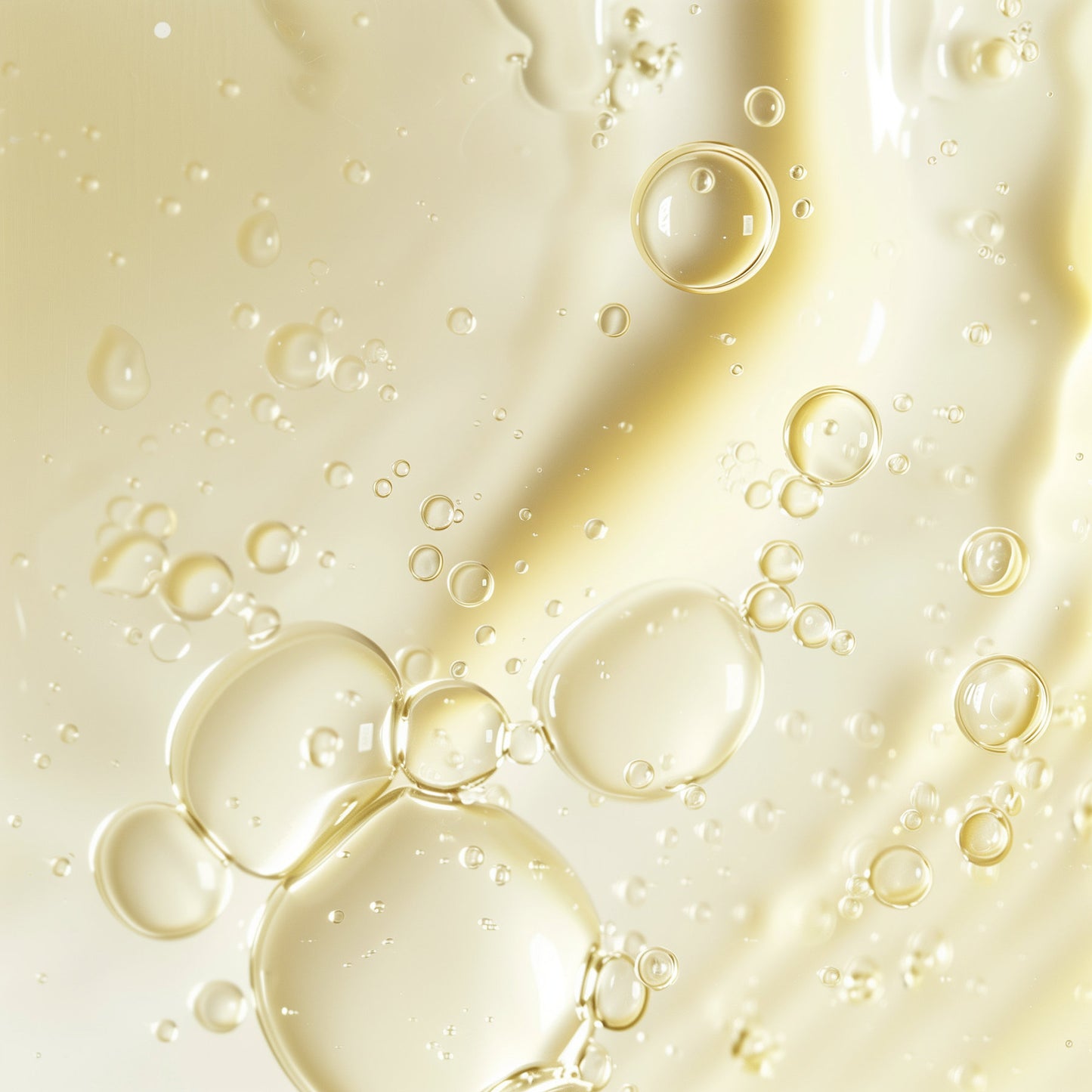 A close-up of translucent oil droplets in a light yellow liquid, akin to 111 & COMPANY GENTLE CLEANSING GEL by 111 & Company. The droplets vary in size against a softly blurred background, with lighting creating a glossy and reflective surface.