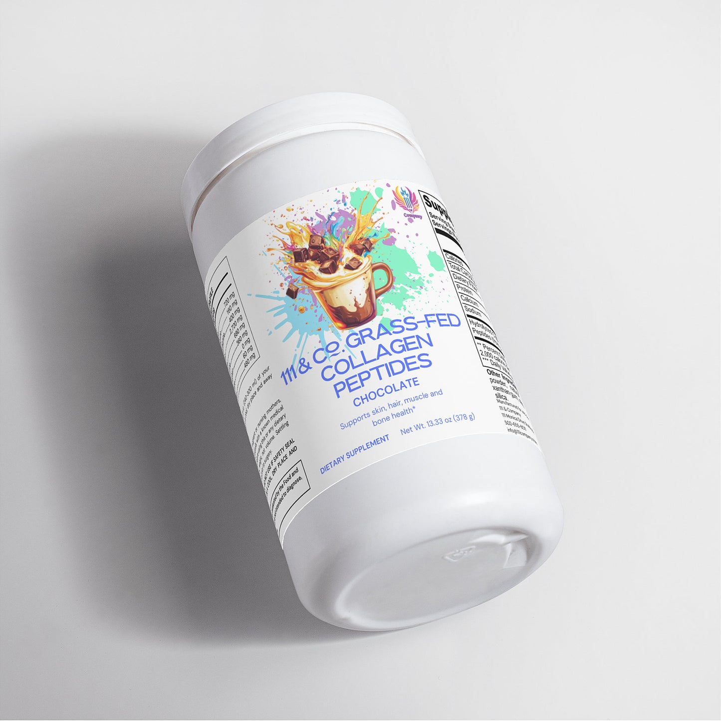 A 1 lb. white container of 111 & Company Grass-Fed Collagen Peptides Powder (Chocolate flavor) features a vibrant splash design and a steaming chocolate mug on the label, with visible nutritional info, slightly tilted against a plain white background.