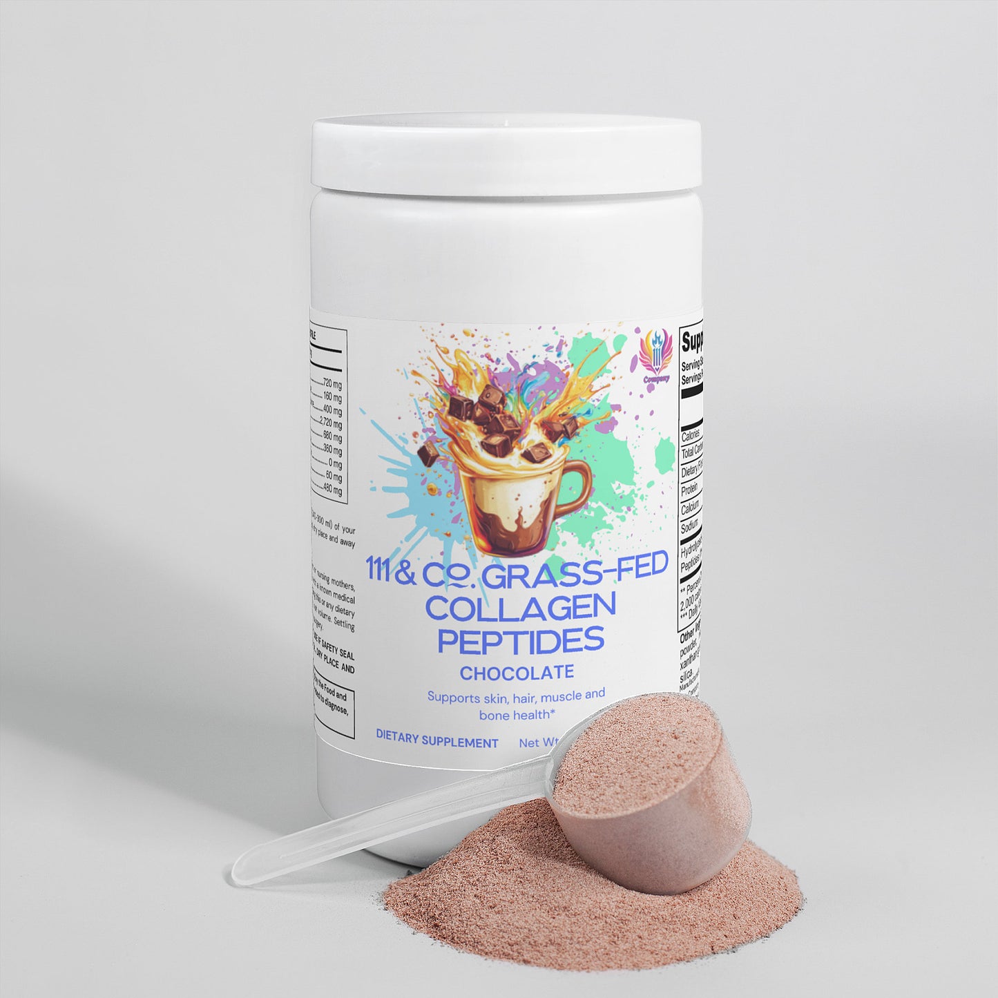 A white container labeled 111 & Company Grass-Fed Collagen Peptides Powder (Chocolate) features a splash design with hot chocolate and a scoop of collagen peptide powder, promoting support for skin, hair, muscle, and bone health.