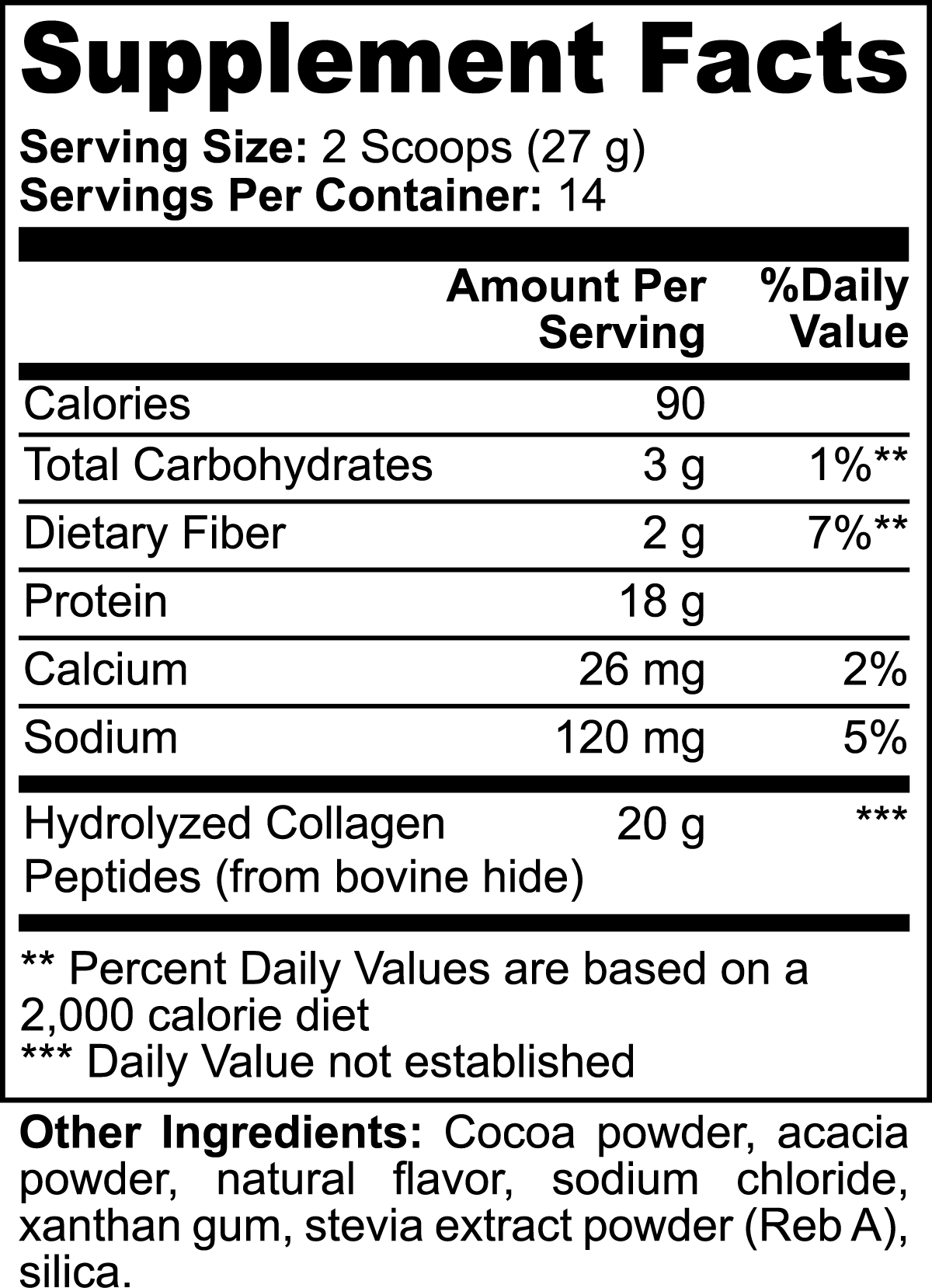 The supplement facts label for 111 & COMPANY GRASS-FED COLLAGEN PEPTIDES POWDER (CHOCOLATE) by 111 & Company details calories, carbohydrates, dietary fiber, protein, calcium, and sodium per serving. It contains 20g hydrolyzed collagen peptides and includes cocoa powder, acacia powder, and stevia extract. Serves 14.
