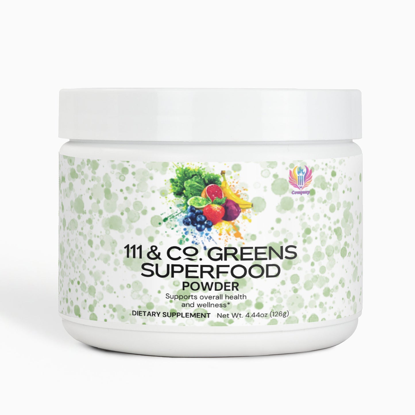 A white container of 111 & COMPANY GREENS SUPERFOOD by 111 & Company features green splashes and assorted fruits and veggies. Packed with essential vitamins and minerals, it supports overall health. Net weight: 4.44 oz (126g). The brand logo is prominently above the text.