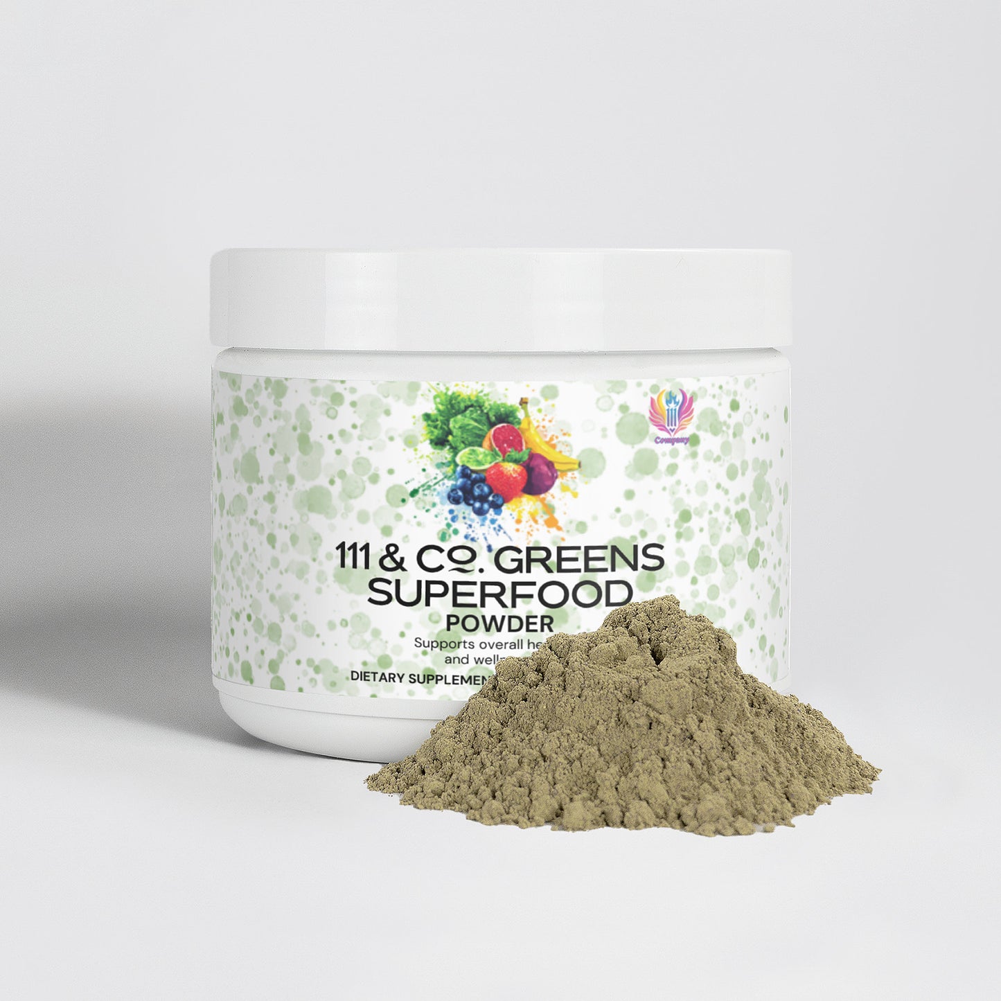 A white container of 111 & COMPANY GREENS SUPERFOOD, adorned with vibrant fruit and vegetable images, highlights its rich plant-based nutrients. It sits on a gray surface with a heap of greenish-brown powder in front, illustrating its nourishing contents.