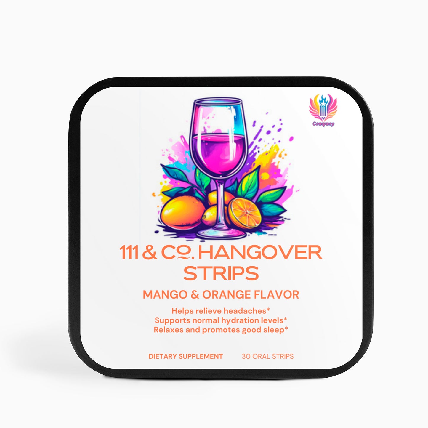 A square tin with a white background features vibrant artwork of a purple cocktail glass surrounded by mango and orange. The text reads: 111 & Company Hangover Strips, Mango & Orange Flavor. Using Ayurvedic practices, it claims to alleviate headaches, support hydration, and aid sleep. Contains 30 strips.