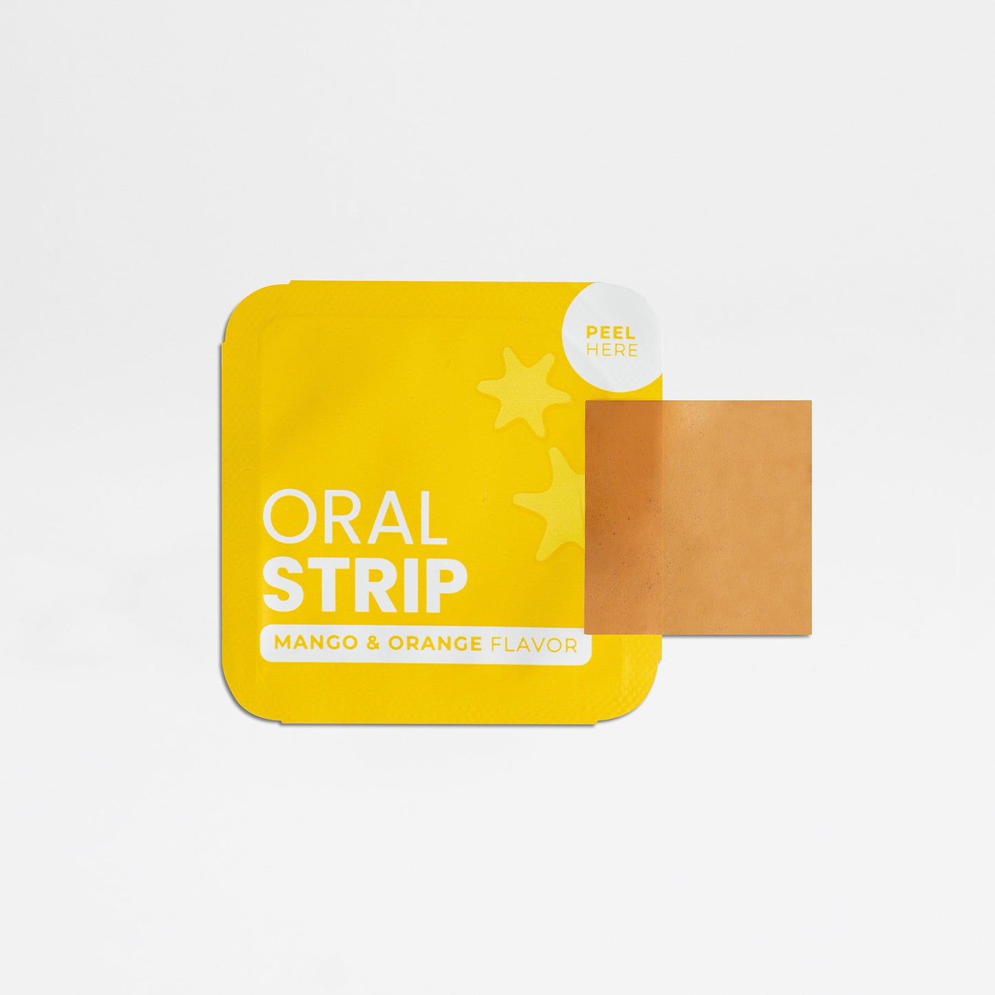 The yellow square packet of 111 & COMPANY HANGOVER STRIPS (MANGO & ORANGE) features stylized mango graphics. A translucent orange strip is partly peeled from the top right corner with a Peel Here tab. It incorporates Ayurvedic practices for wellness, set against a plain white background.