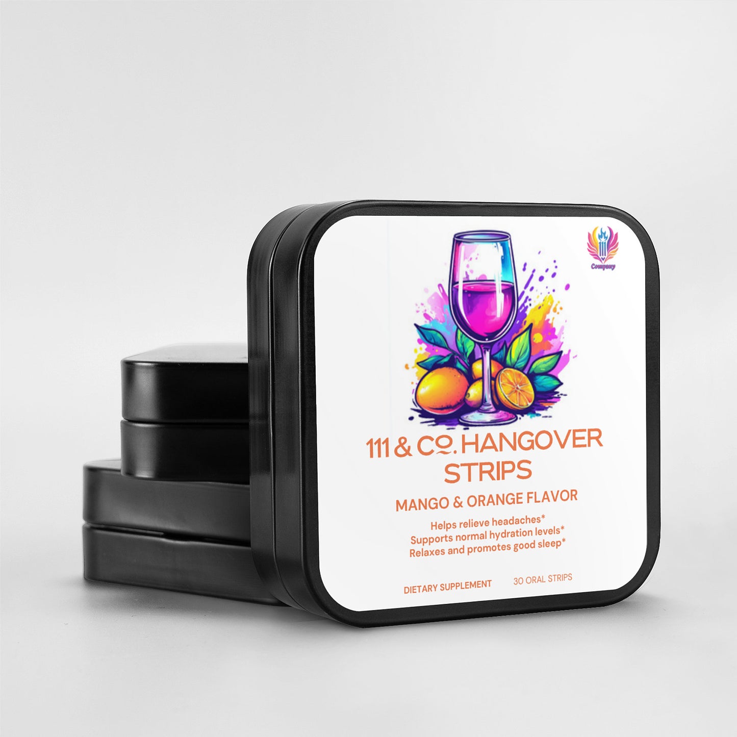 A stack of black rectangular tins, topped with a colorful label showing a wine glass, mangoes, oranges, and leaves. Text reads: 111 & COMPANY HANGOVER STRIPS (MANGO & ORANGE) offering general wellness benefits like headache relief and better sleep. Brand: 111 & Company.