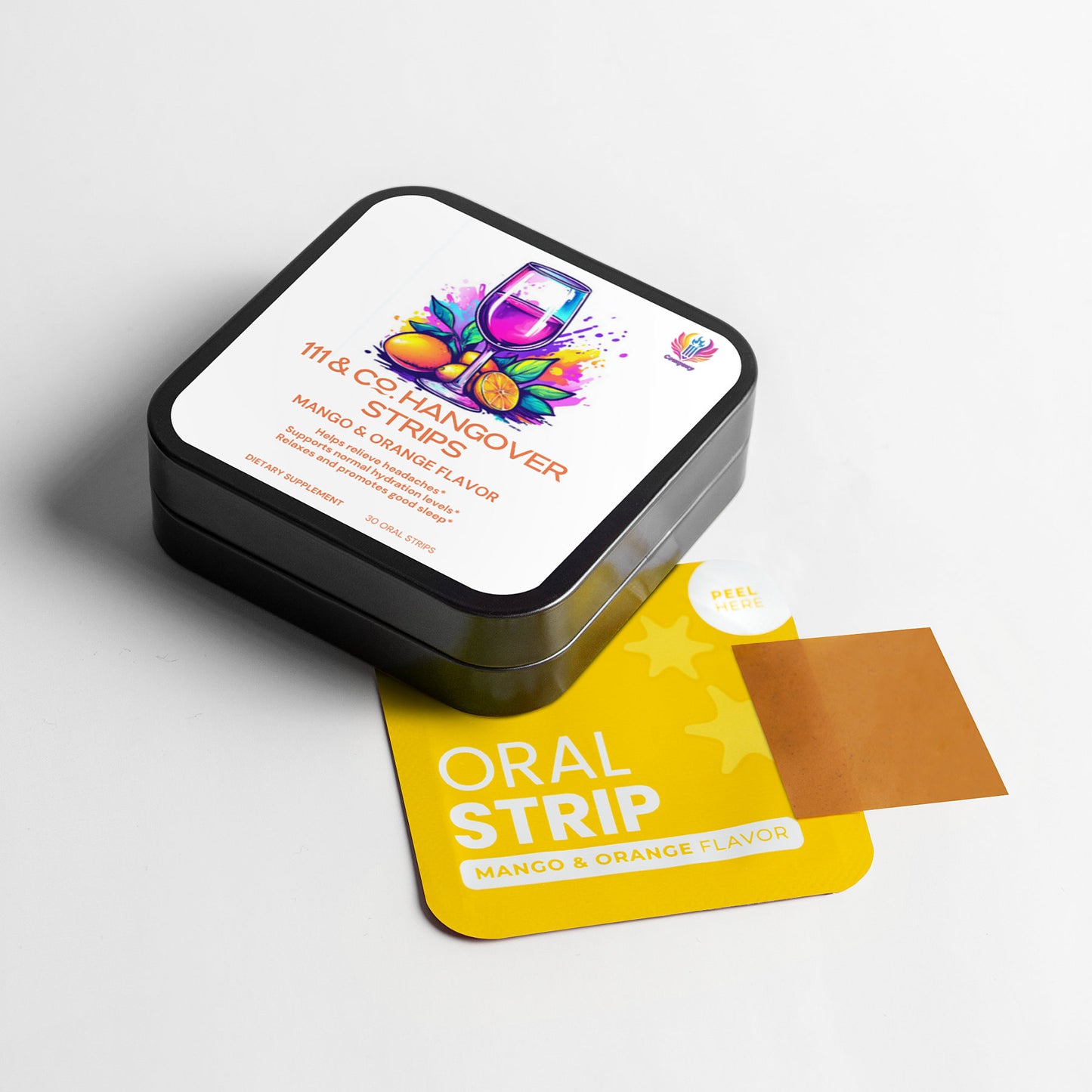 A black square tin labeled 111 & COMPANY HANGOVER STRIPS (MANGO & ORANGE) sits beside a yellow card marked Oral Strip. A brown strip is partially peeled, showcasing vibrant flavors inspired by Ayurvedic wellness. Both lie on a pristine white surface.