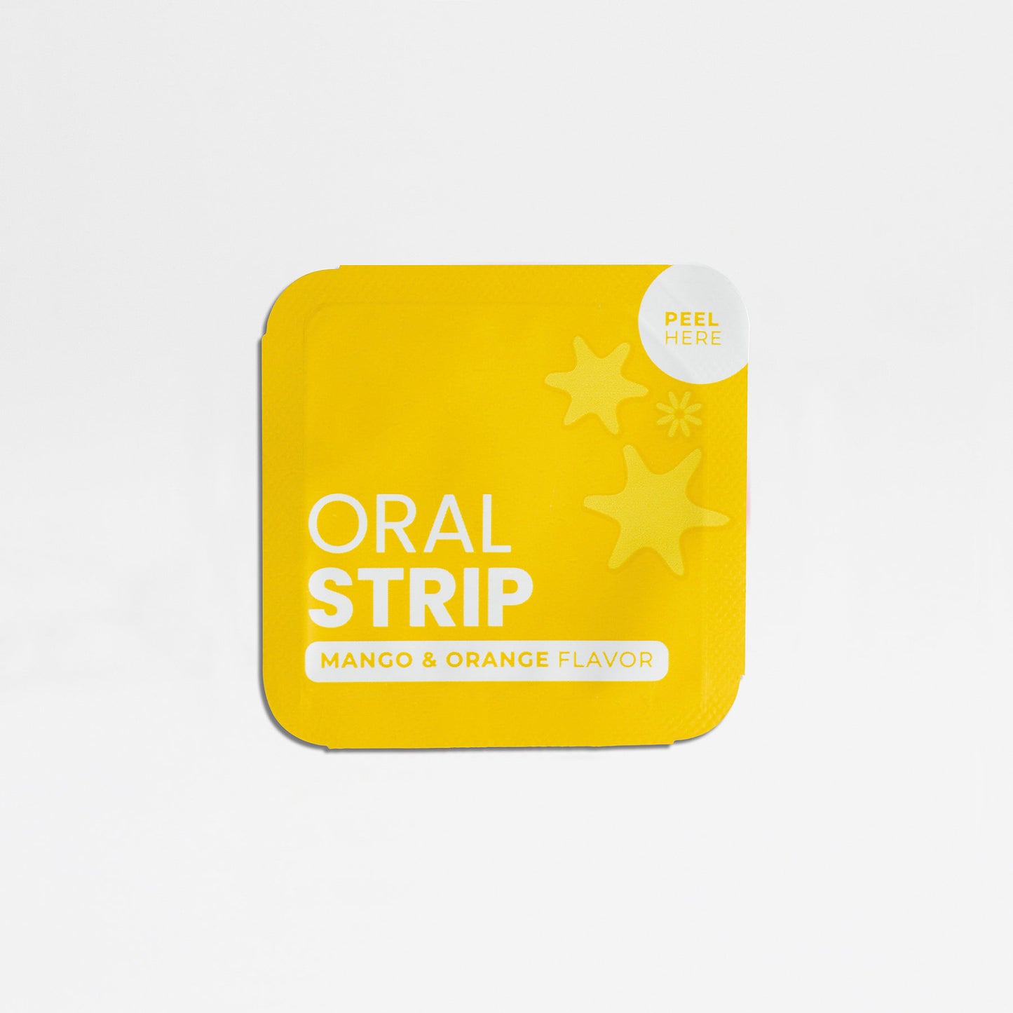 A yellow square packet labeled 111 & COMPANY HANGOVER STRIPS (MANGO & ORANGE) from 111 & Company features Ayurvedic-inspired wellness oral strips with abstract star designs and a Peel Here circle at the top right, on a white background.