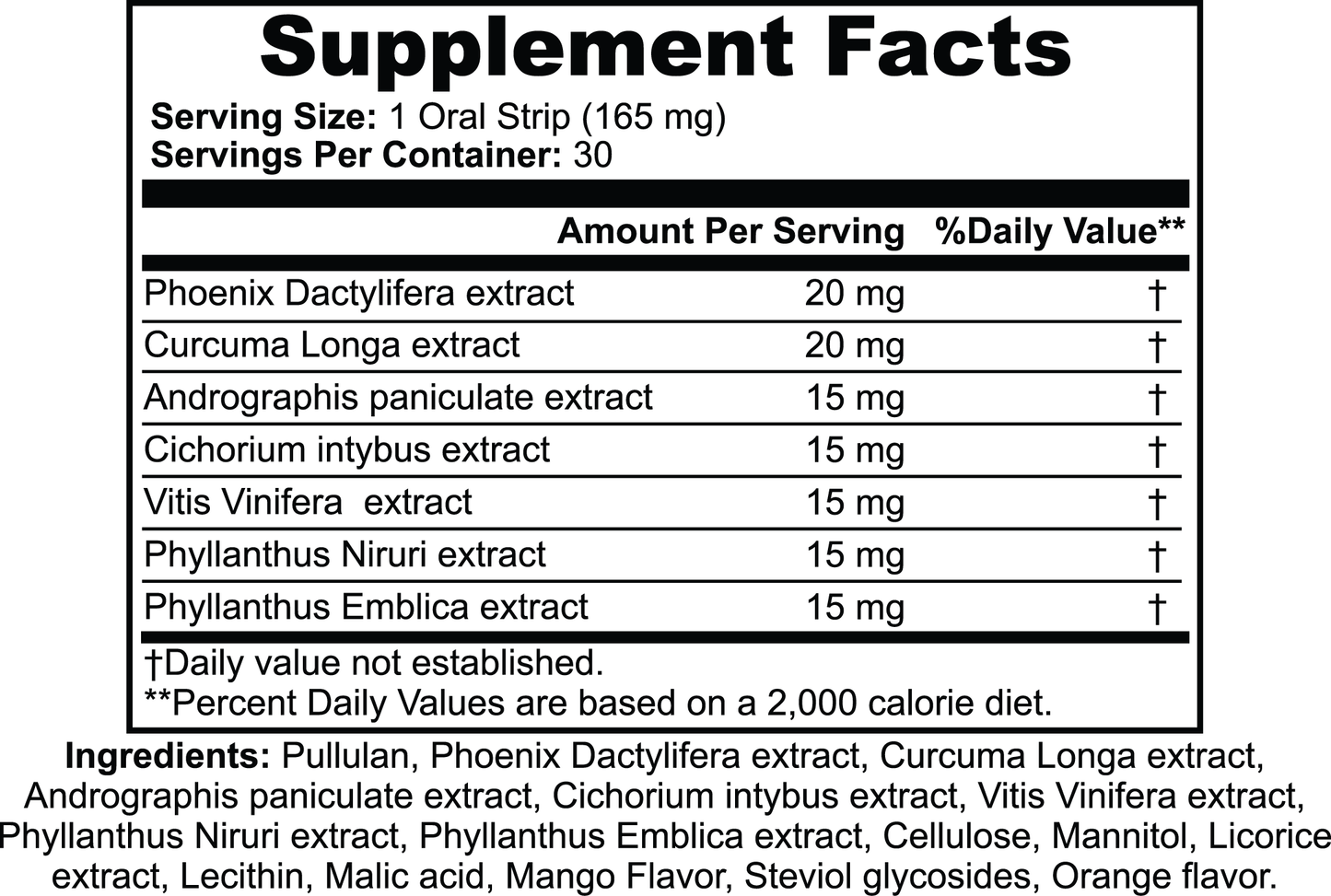 Black and white supplement facts label for 111 & COMPANY HANGOVER STRIPS (MANGO & ORANGE) featuring Phoenix Dactylifera extract (20 mg) and Curcuma Longa extract (15 mg) for general wellness. Includes Pullulan, Licorice extract, etc. Suitable for Ayurvedic practices; Percent Daily Values not established.