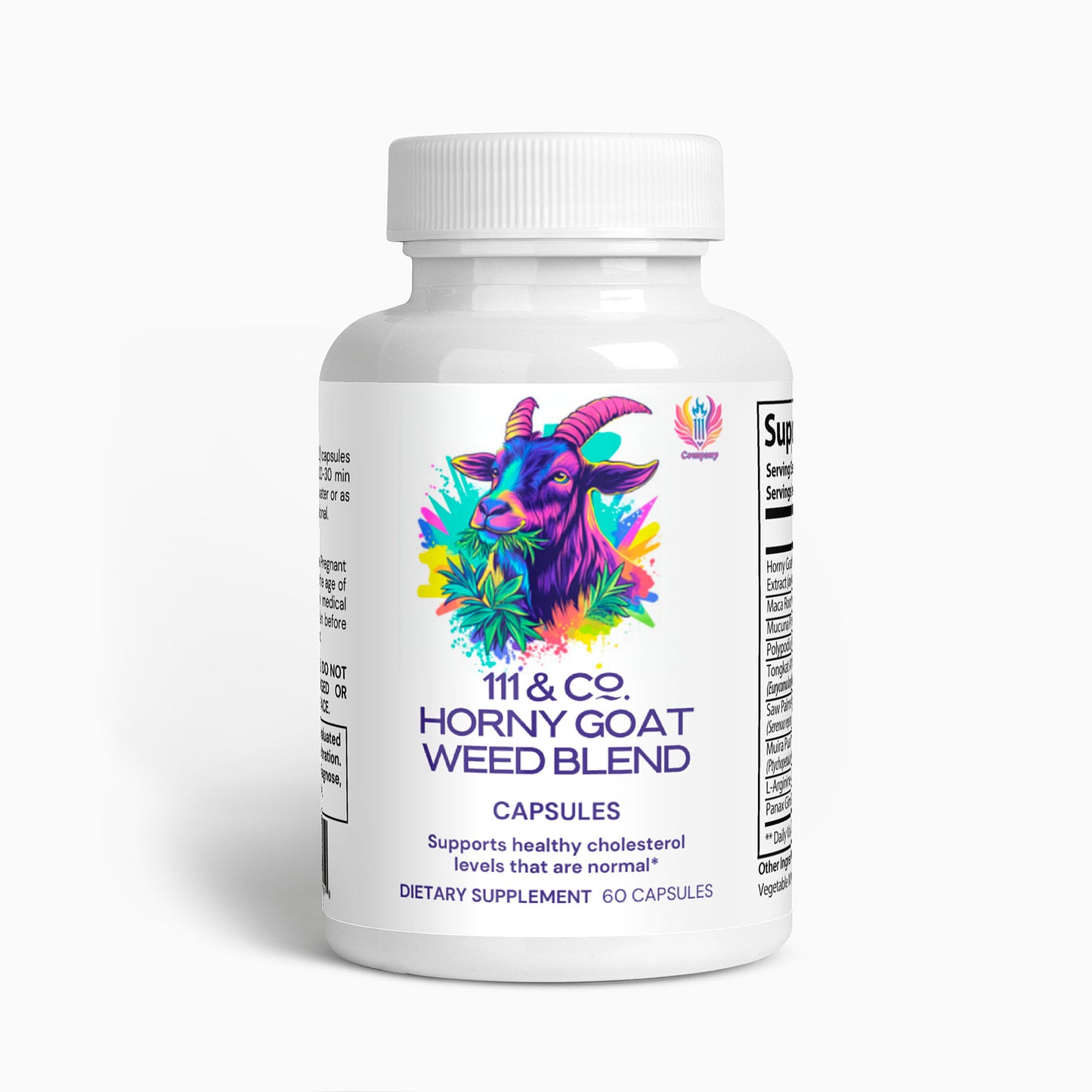 A white bottle labeled 111 & Company Horny Goat Weed Blend features a colorful goat illustration. This 60-capsule dietary supplement supports healthy cholesterol levels. Supplement facts are partially visible on the side.