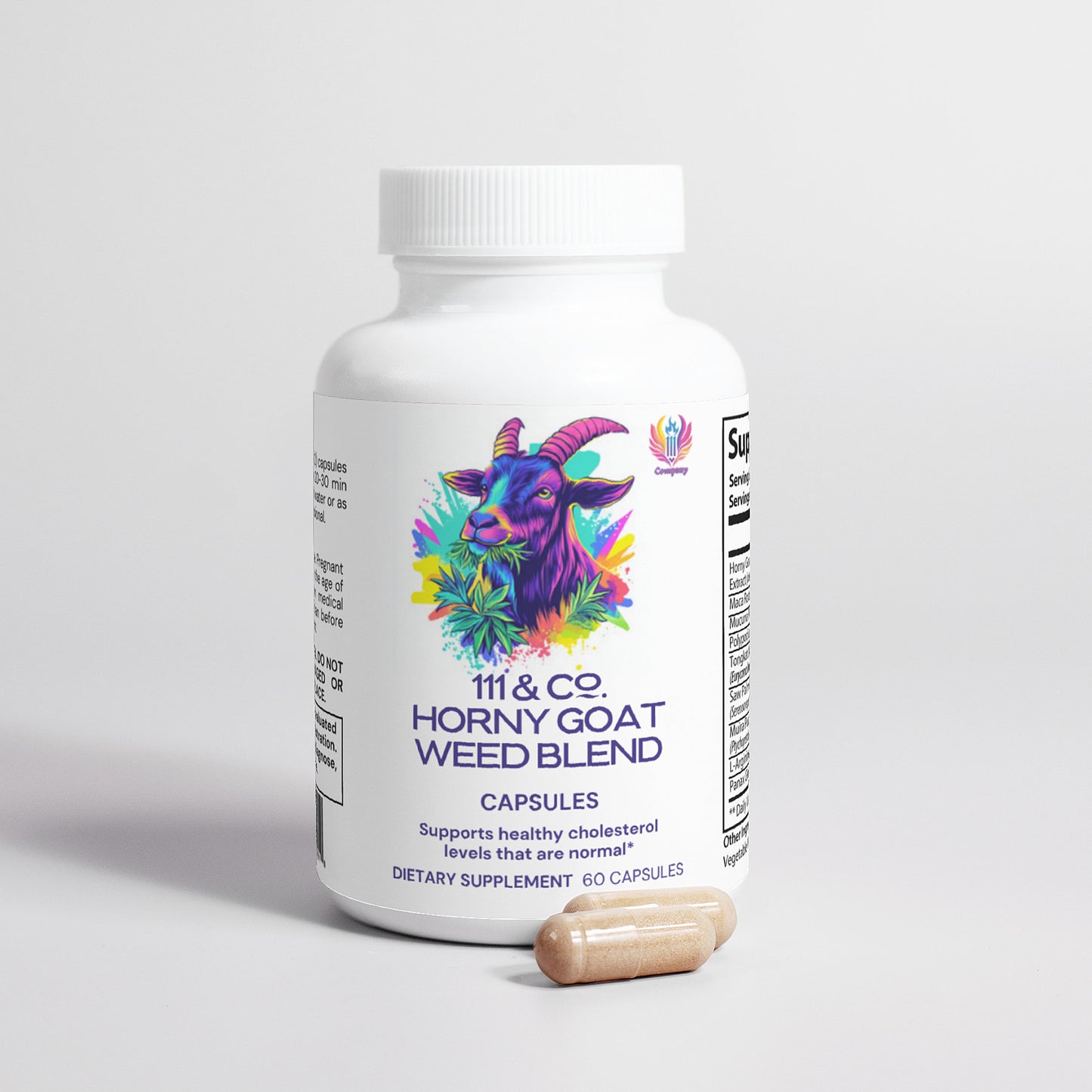 A white bottle labeled 111 & Company Horny Goat Weed Blend displays a colorful goat illustration, claiming to support healthy cholesterol. It contains dietary supplement capsules with potent ingredients like Tongkat Ali and shows two capsules upfront.