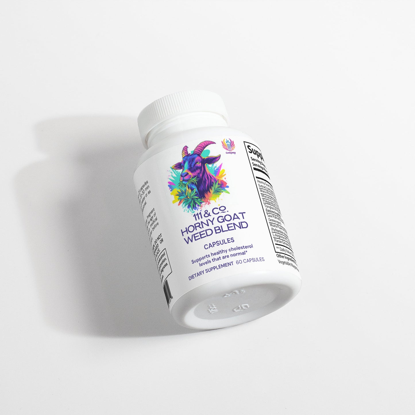 The white bottle, labeled 111 & COMPANY HORNY GOAT WEED BLEND, features a colorful goat illustration and highlights it as a dietary supplement with 60 capsules. Against a light background, it casts a soft shadow to the left.